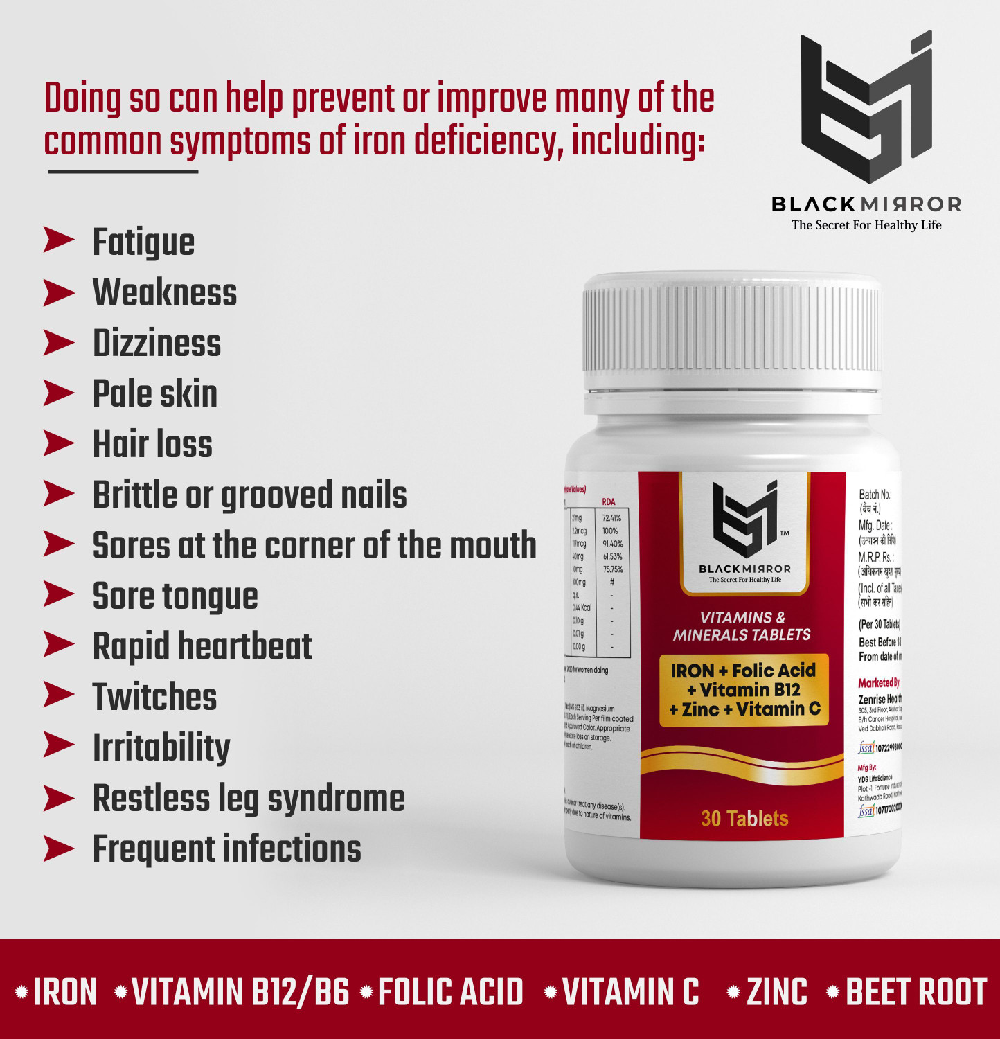 Image of Black mirror Iron Folic Acid VIT C B12 Zinc | Women's Health & Period Support