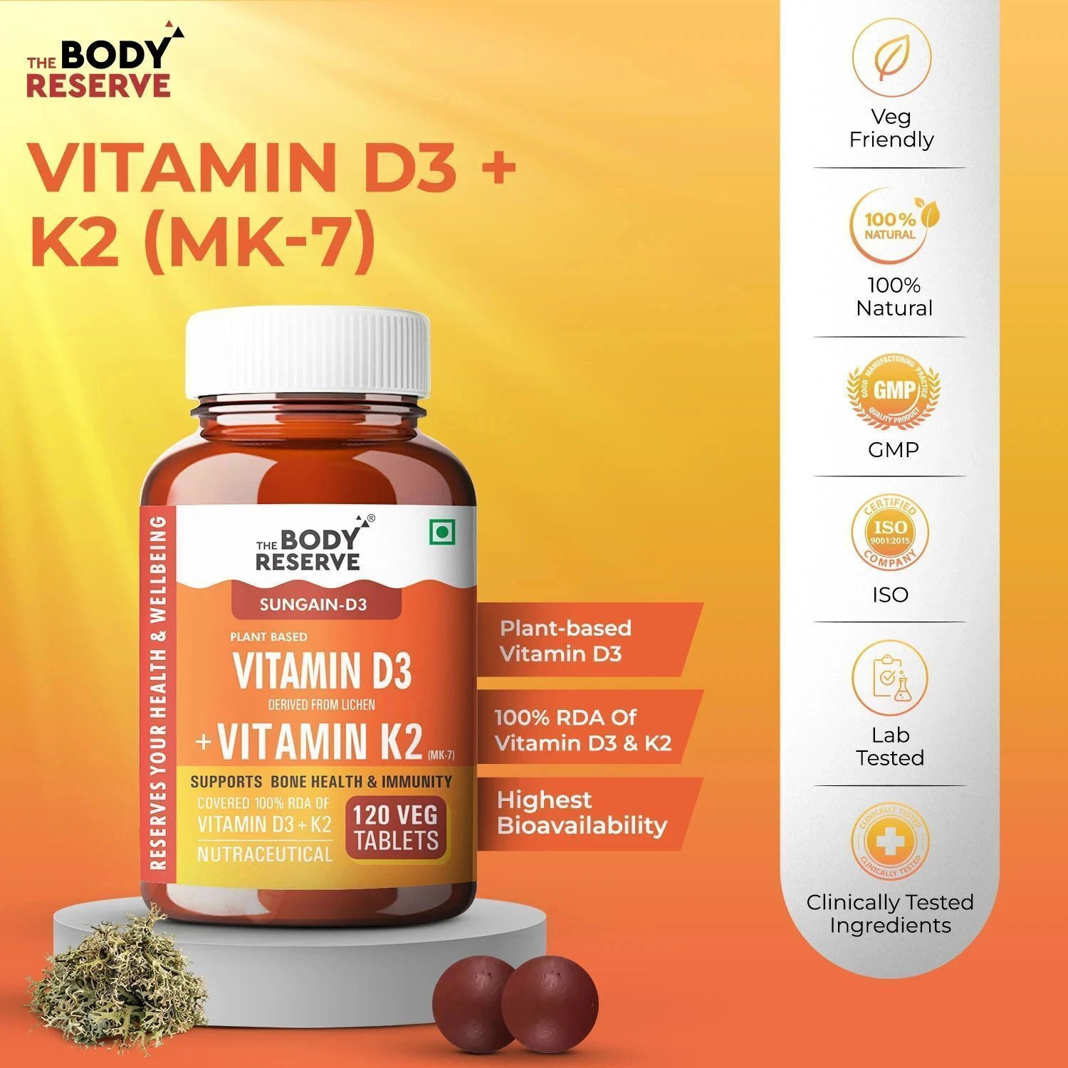 Image of THE BODY RESERVE Vitamin D3 K2 MK7 100% RDA Plant-Based Supplement from Lichen Source