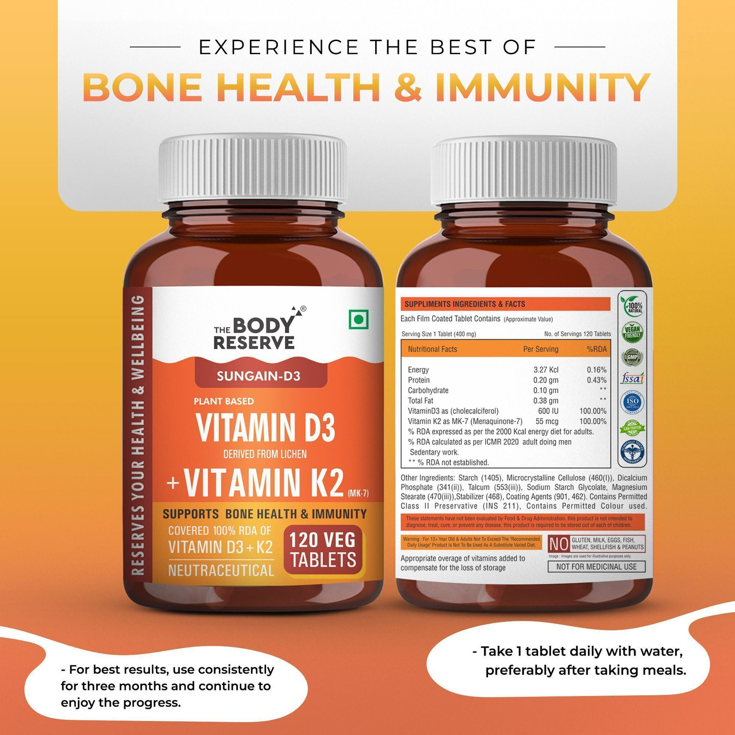 Image of THE BODY RESERVE Vitamin D3 K2 MK7 100% RDA Plant-Based Supplement from Lichen Source
