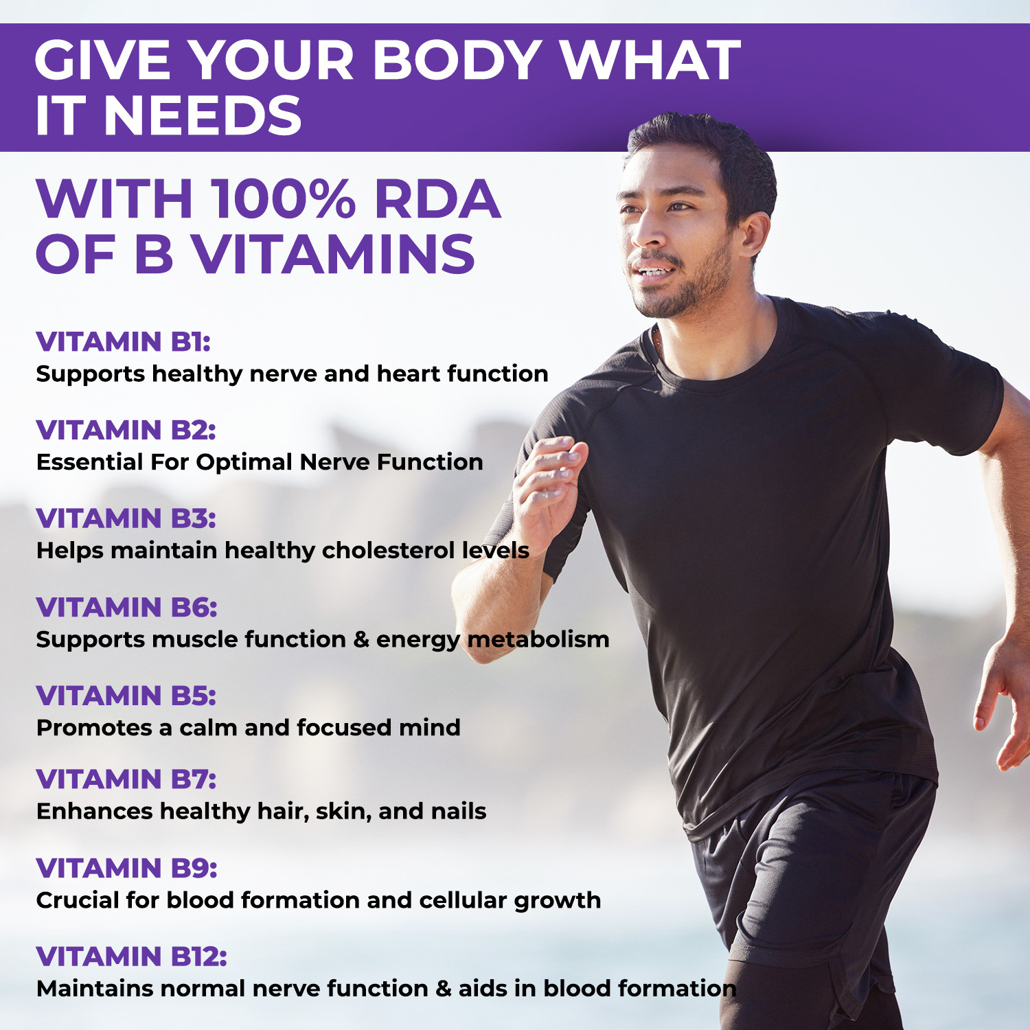 Image of THE BODY RESERVE Vitamin B Complex B1, B2, B3, B5, B6, B7,B9,B12 100 % RDA support Nervous System