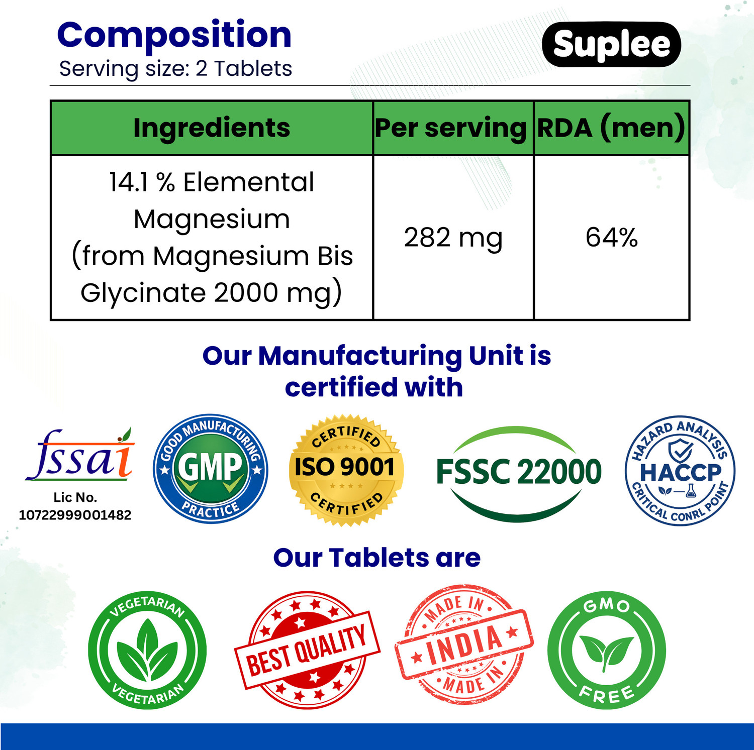 Image of Suplee Magnesium Glycinate | Non-Buffuled, No Oxide | 14.1% Elemental Mg