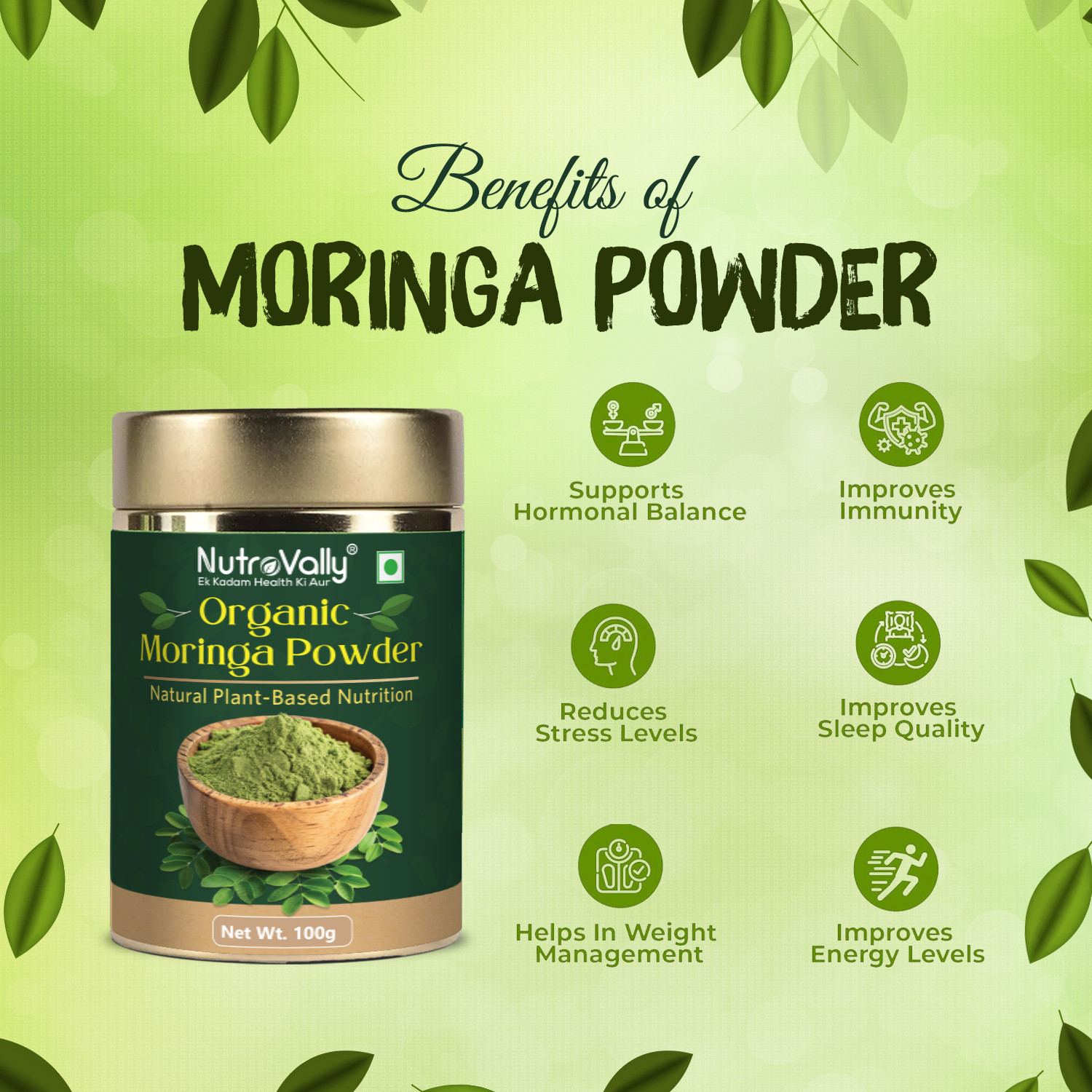Image of NutroVally Moringa Powder Drumstick Leaf Superfood for Immunity, Energy & Daily Health
