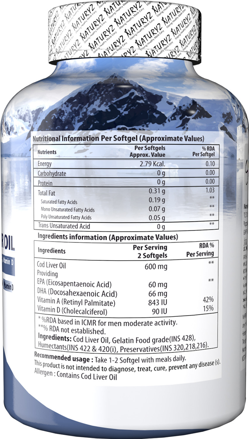 Image of NATURYZ Icelandic COD Liver Oil Capsules with Natural Omega 3 and Vitamins (A & D)