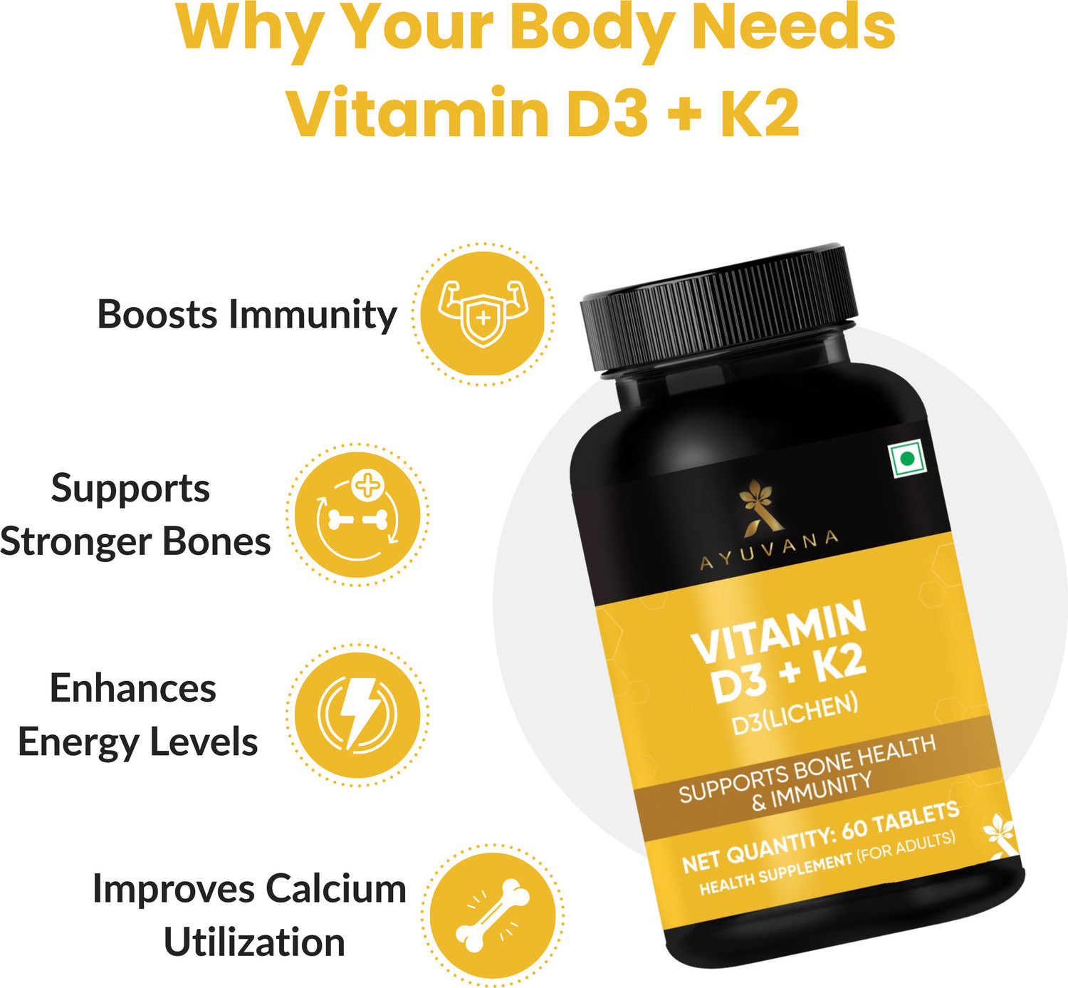Image of Ayuvana Vitamin D3 K2 Tablets 600 IU D3 55mcg K2 Bone for Immunity Support (60 Tablets)