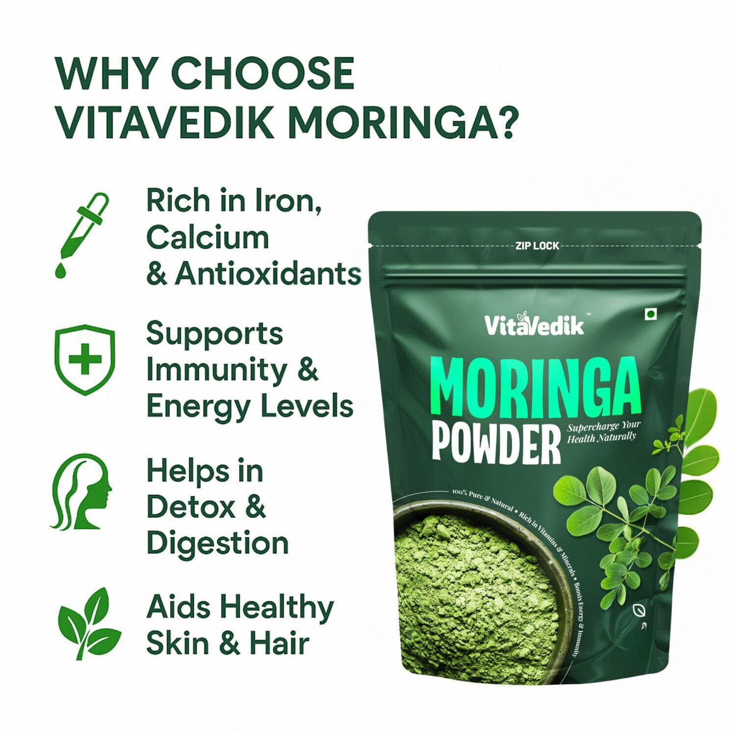 Image of VitaVedik Moringa Powder 200gm | 100% Pure & Natural | Superfood for Immunity & Energy