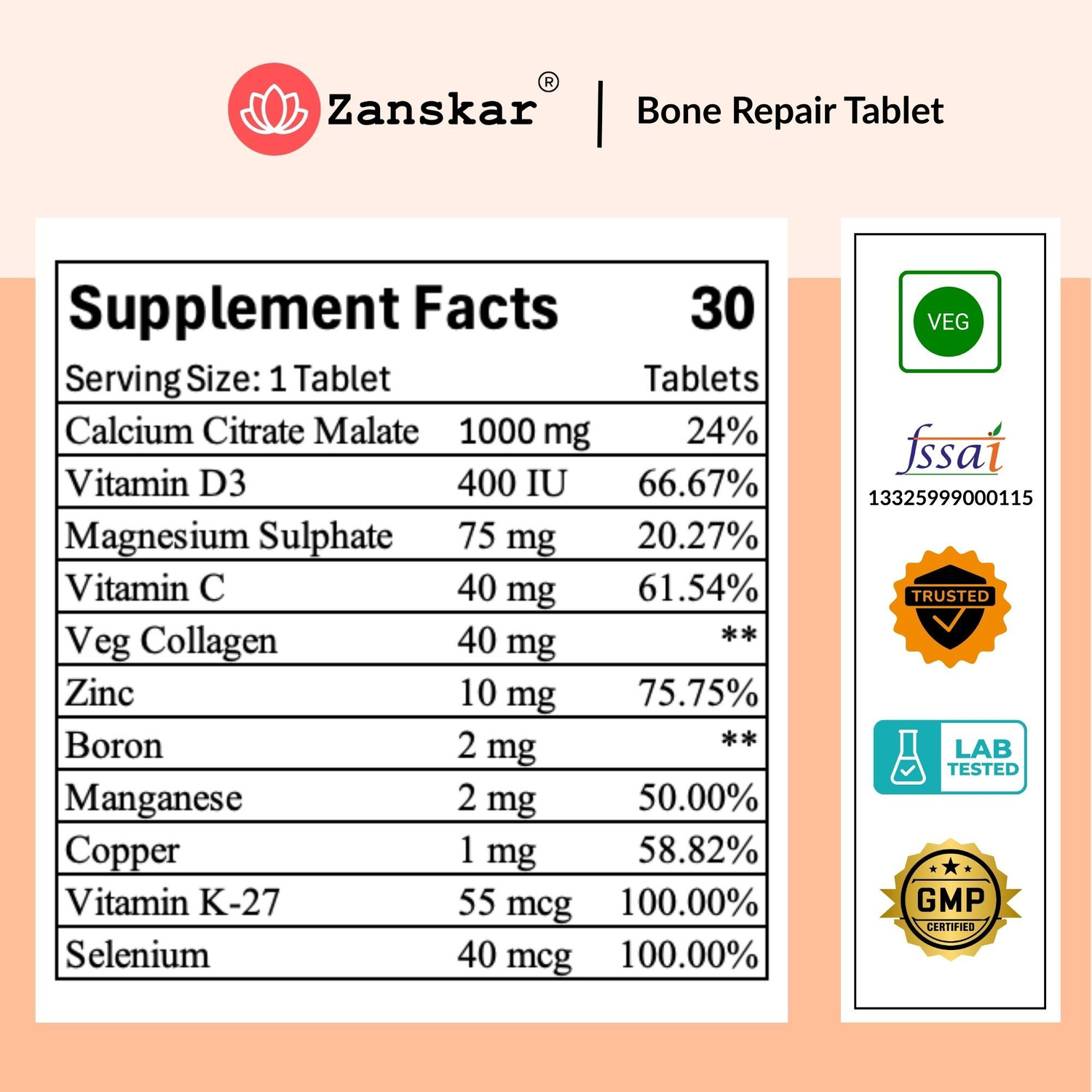 Image of Zanskar Advanced Bone Health Supplement (1200mg) with Calcium,Vitamin D3 & K2 | 100% Veg