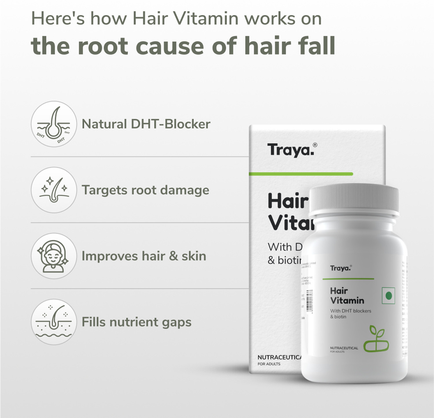 Image of Traya Hair Vitamins with Biotin, Omega 3, Vitamin A, C, D, E, B9, B12 for Hair Growth
