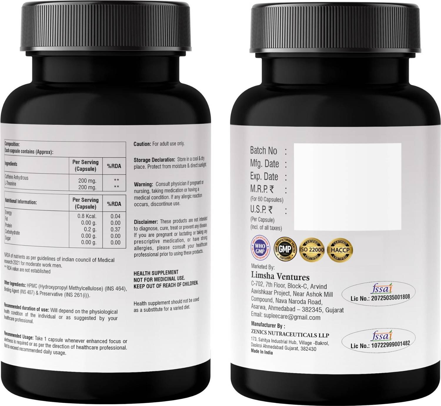 Suplee Caffeine 200 mg + L-Theanine 200 mg Veg Capsules - Image 3