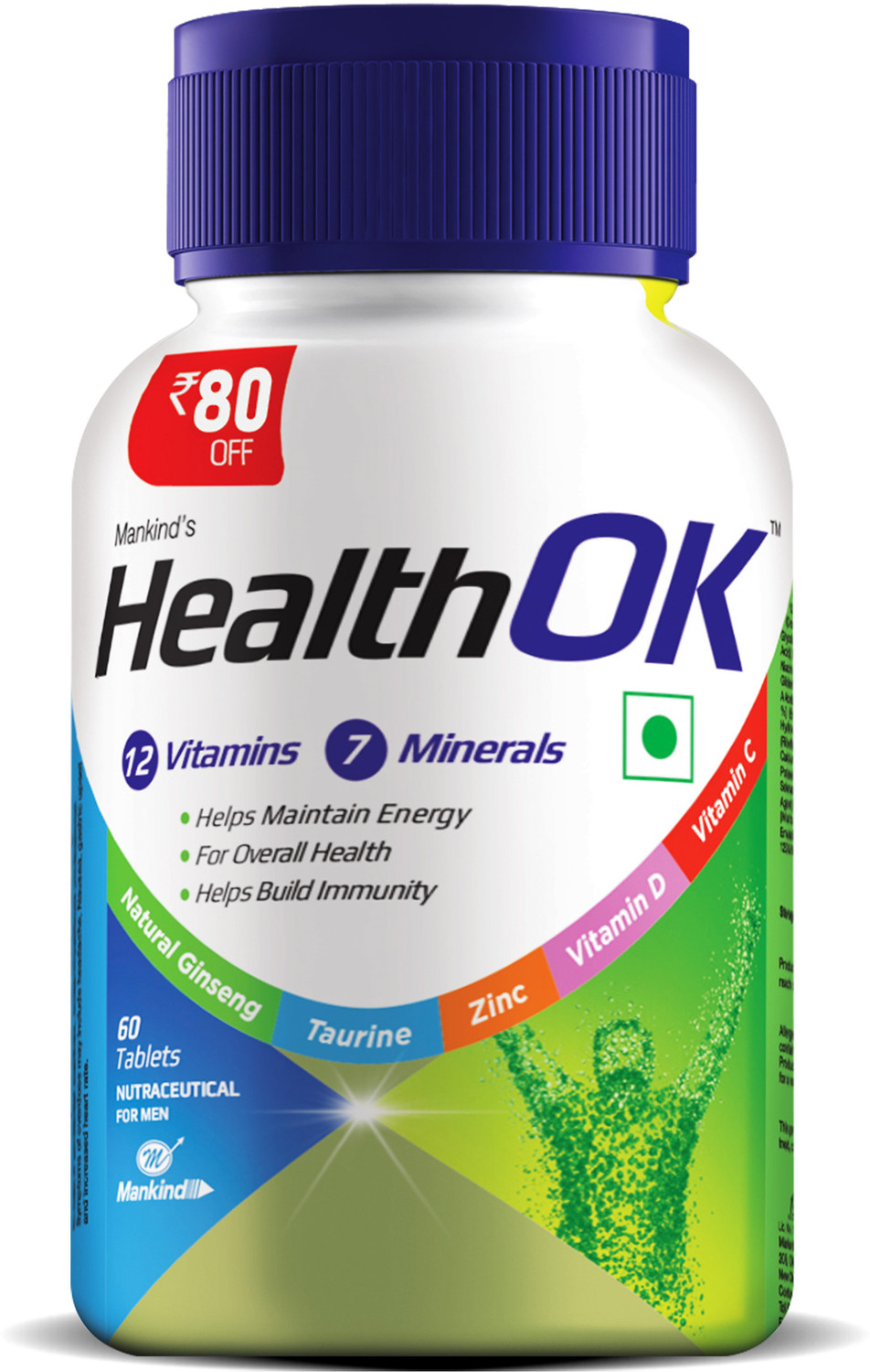 Image of Health Ok Multivitamin with Natural Ginseng and Taurine power | 100% Vegetarian