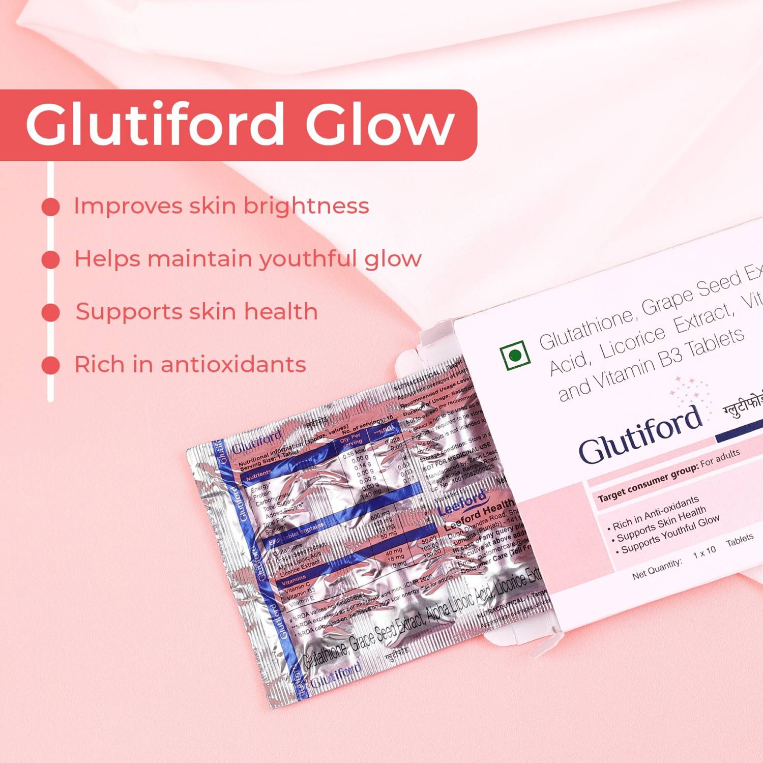 glutiford glutathione tablets Leeford Glutiford Tablets with Glutathione, Vitamin C&E for Skin Glow &  Radiance