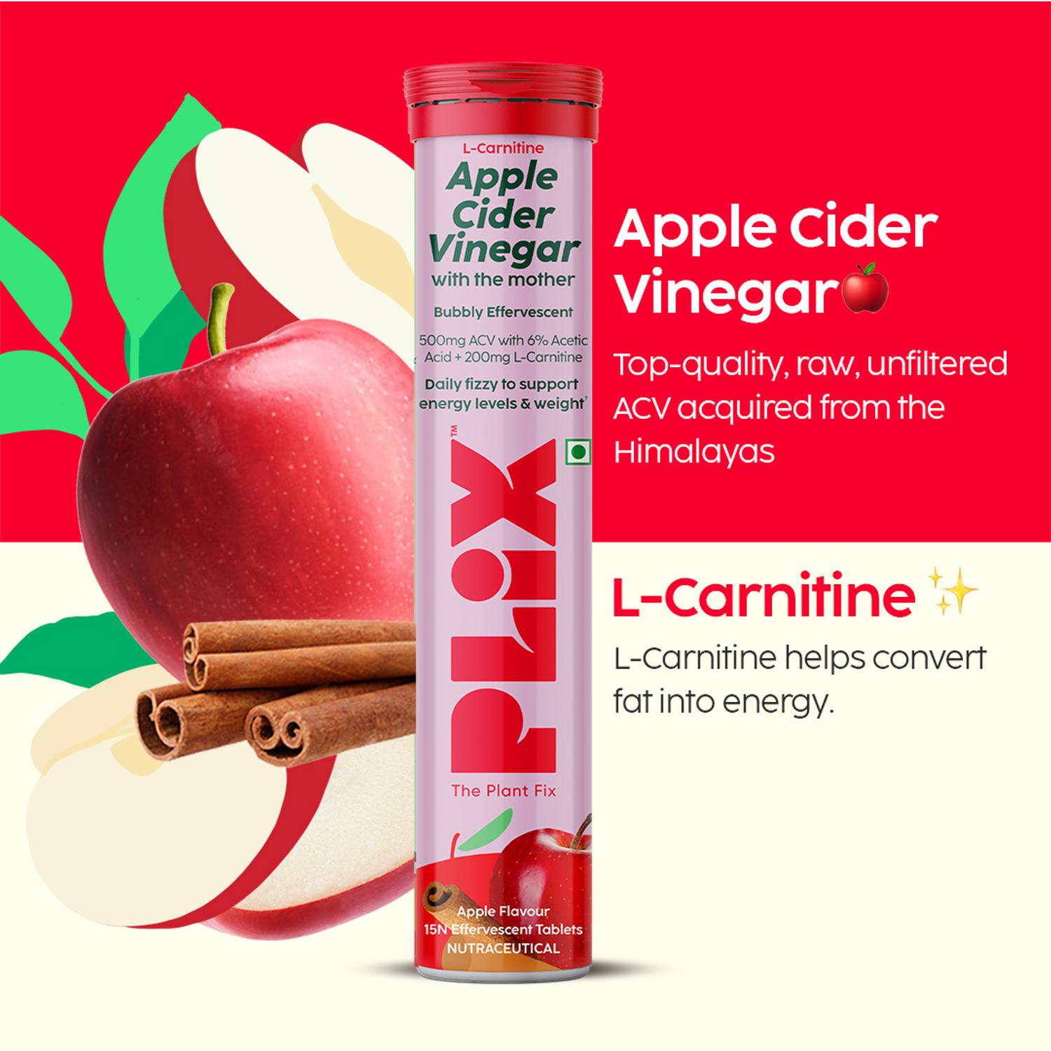 The Plant Fix Plix L-Carnitine ACV Effervescent Tablets for Weight Loss and Fat Burn with Cinnamon