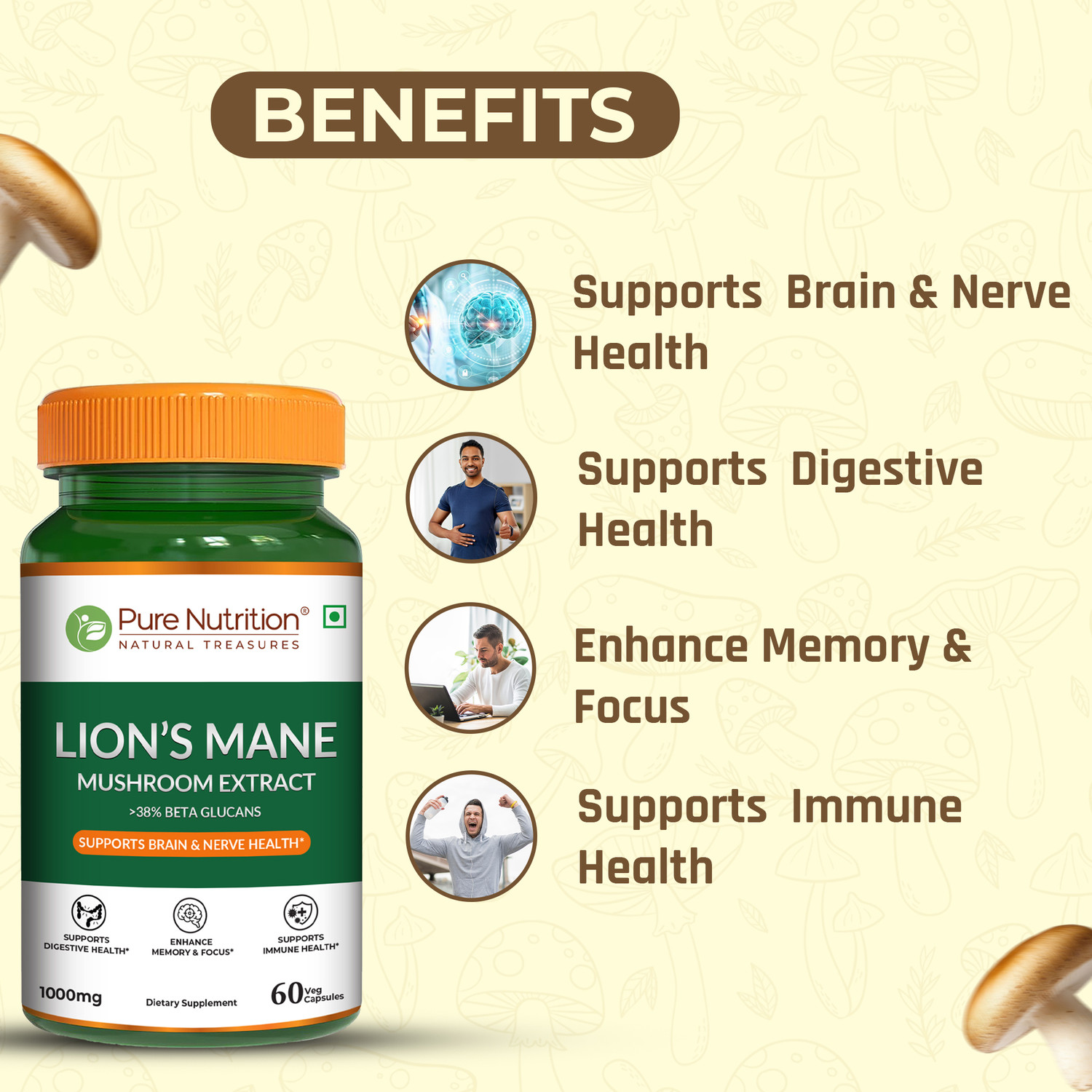 Image of Pure Nutrition Lion's Mane Mushroom Extract 1000 mg | Brain, Memory & Nerve Health
