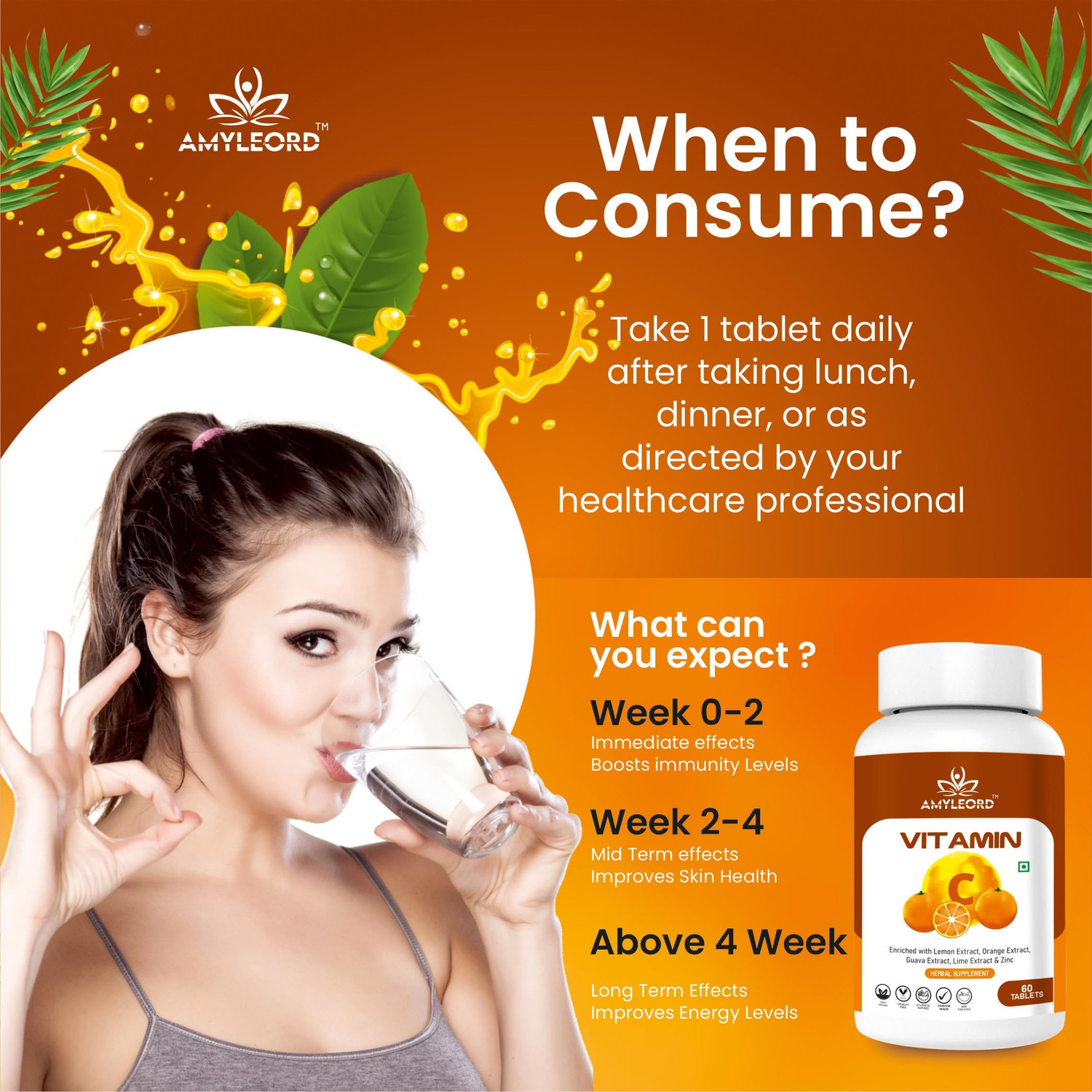 Image of Amyleord Natural Vitamin C Tablet Amla ,orange Extract With Zinc For Immunity & Skincare