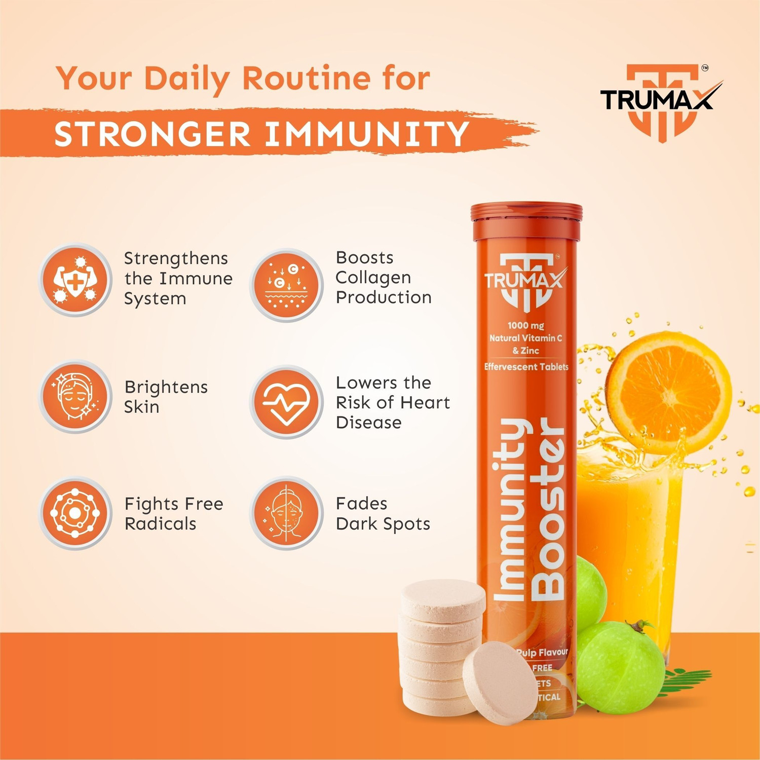 Image of TRUMAX Immunity booster Vitamin C Effervescent - 1000mg Amla, Zinc - Skin Protection