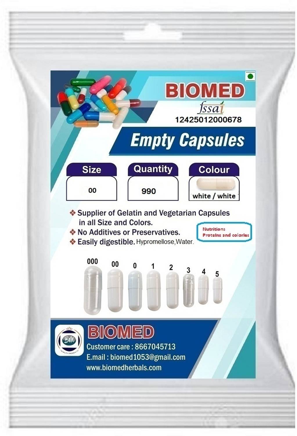 biomed Pharma raw materials Empty Gelatin Capsules size 00 White / White
