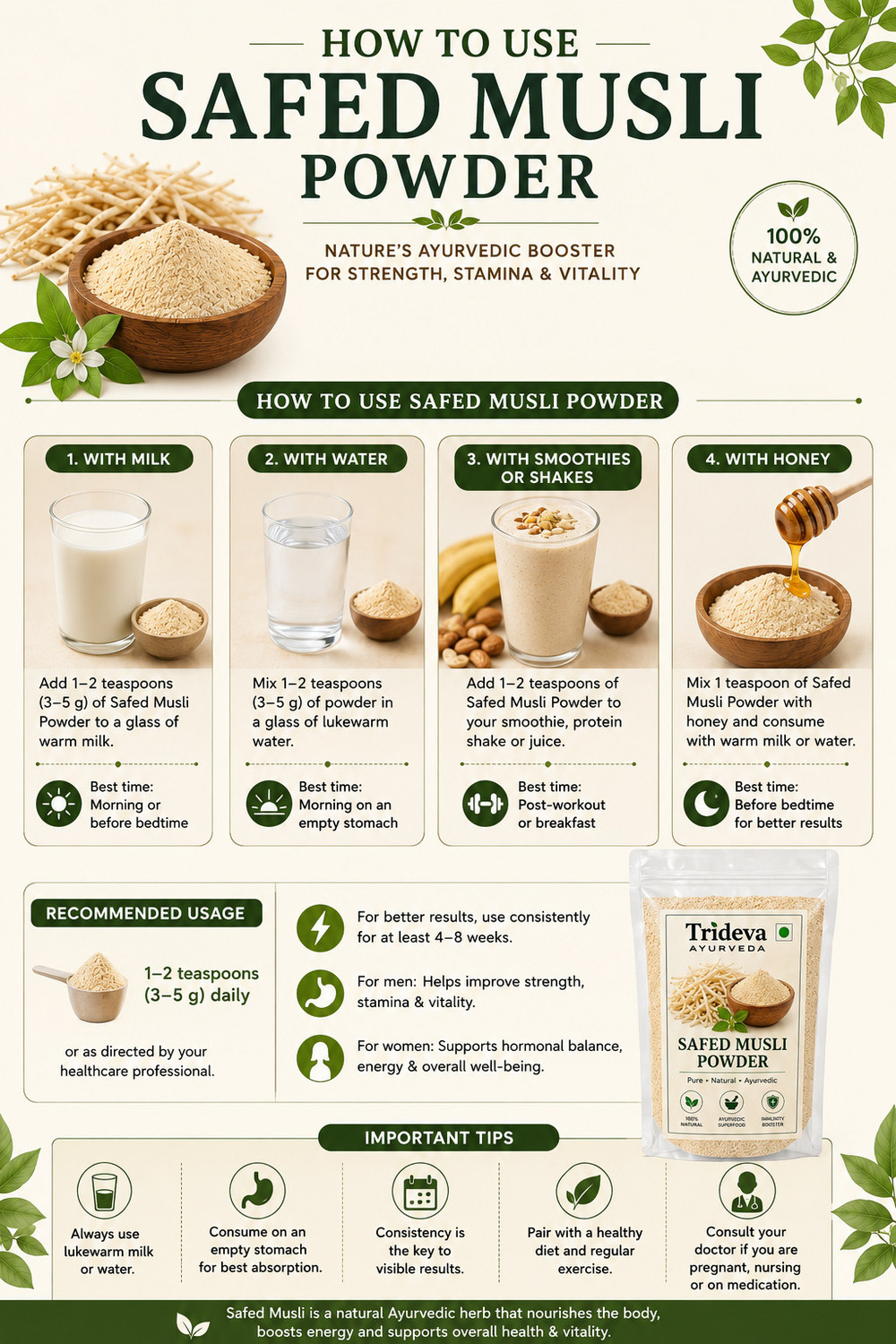 Image of TRIDEVA AYURVEDA Safed Musli Powder - 100% Pure & Natural Ayurvedic Strength & Stamina Booster