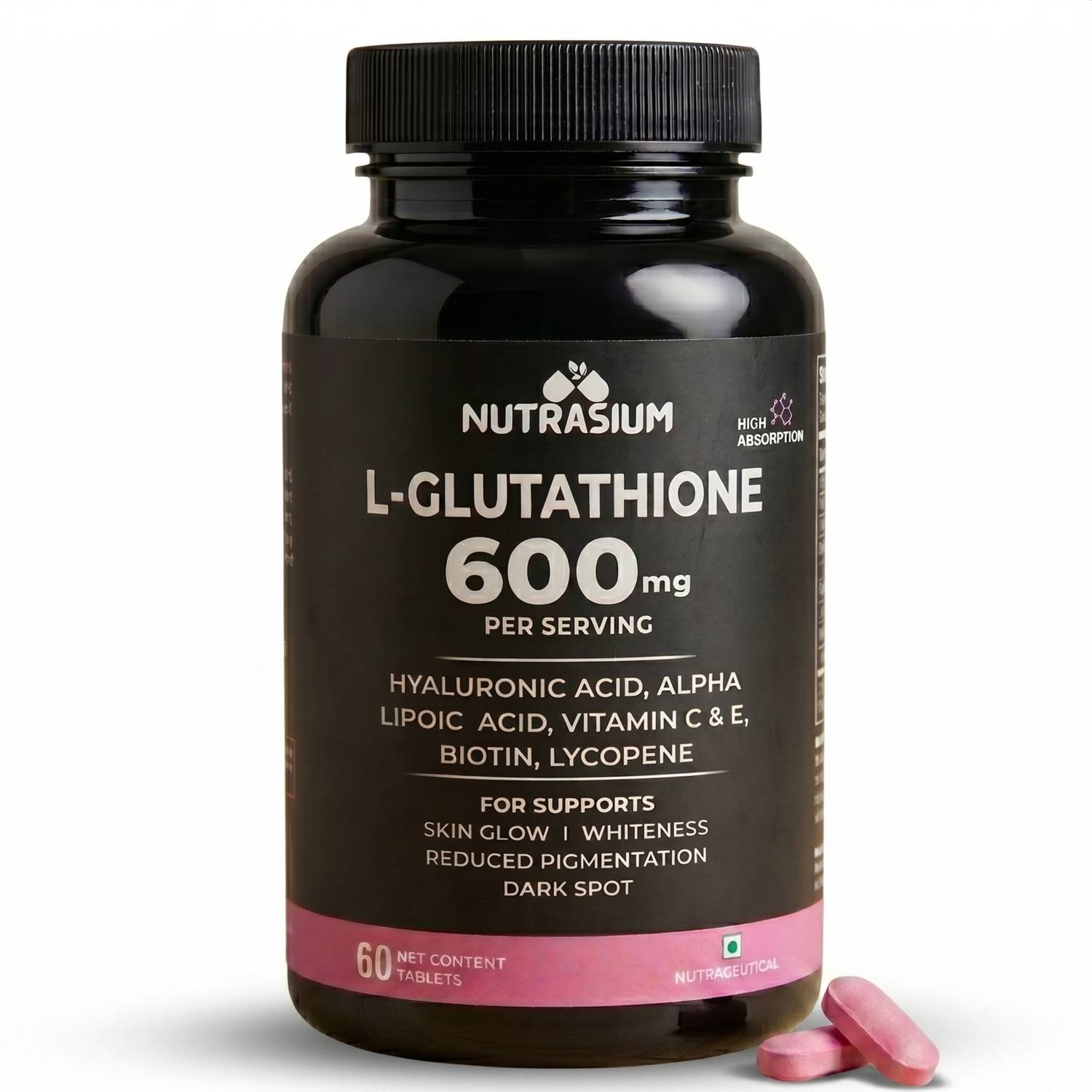 l-glutathione 600mg NUTRASIUM Glutathione 600 mg, For Skin Glow & Whitening, 8-Antioxidants  Blend Price in India