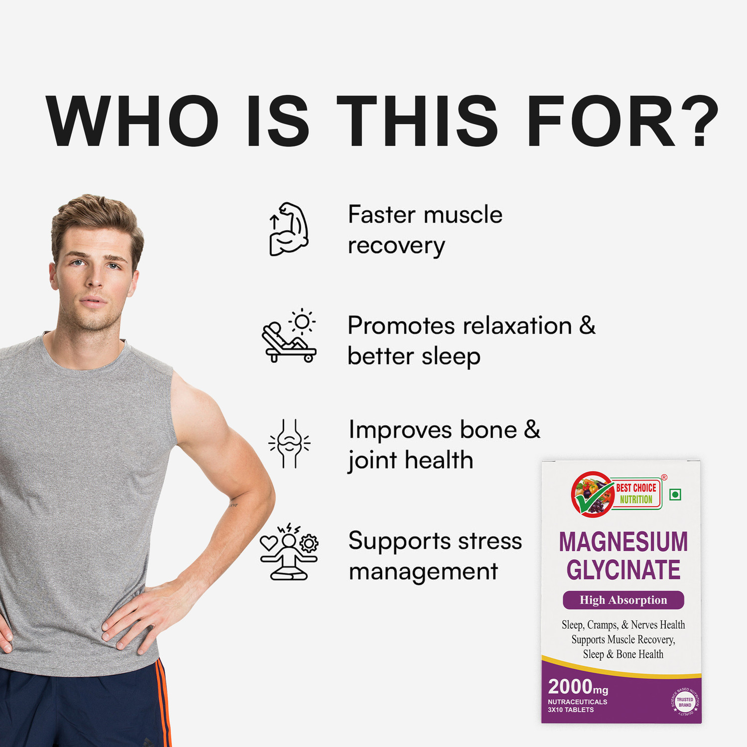 Image of BEST CHOICE NUTRITION Magnesium Glycinate Tablets For Muscle Recovery, Sleep & Nerve Health