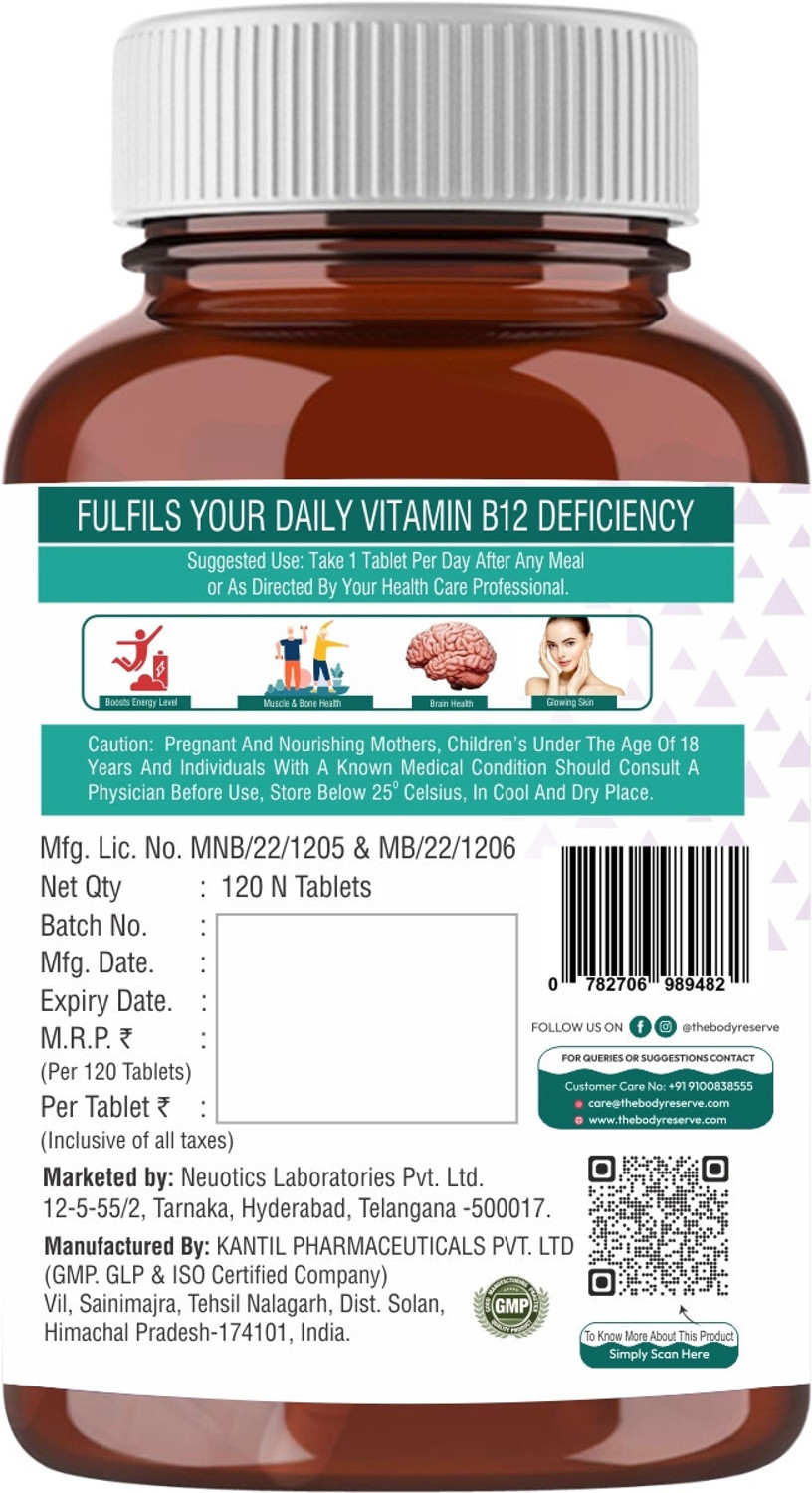 Image of THE BODY RESERVE Vitamin B12 Tablets 1500 mcg as Methylcobalamin Supplements for Men & Women(120)