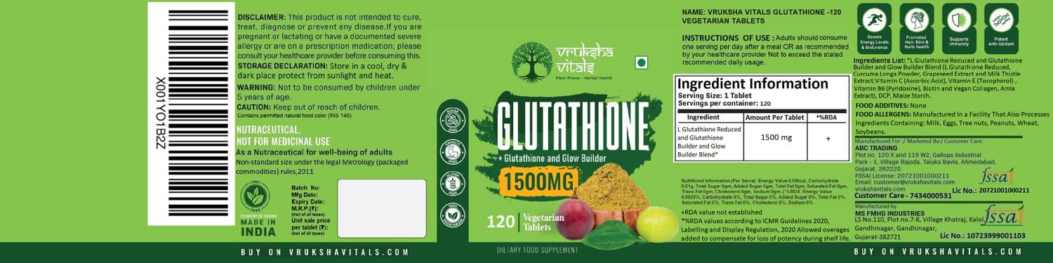 Vruksha Vitals Glutathione 1500mg Collagen Biotin Vit E C B6 Curcumin Milk  Thistle Grapeseed Price in India