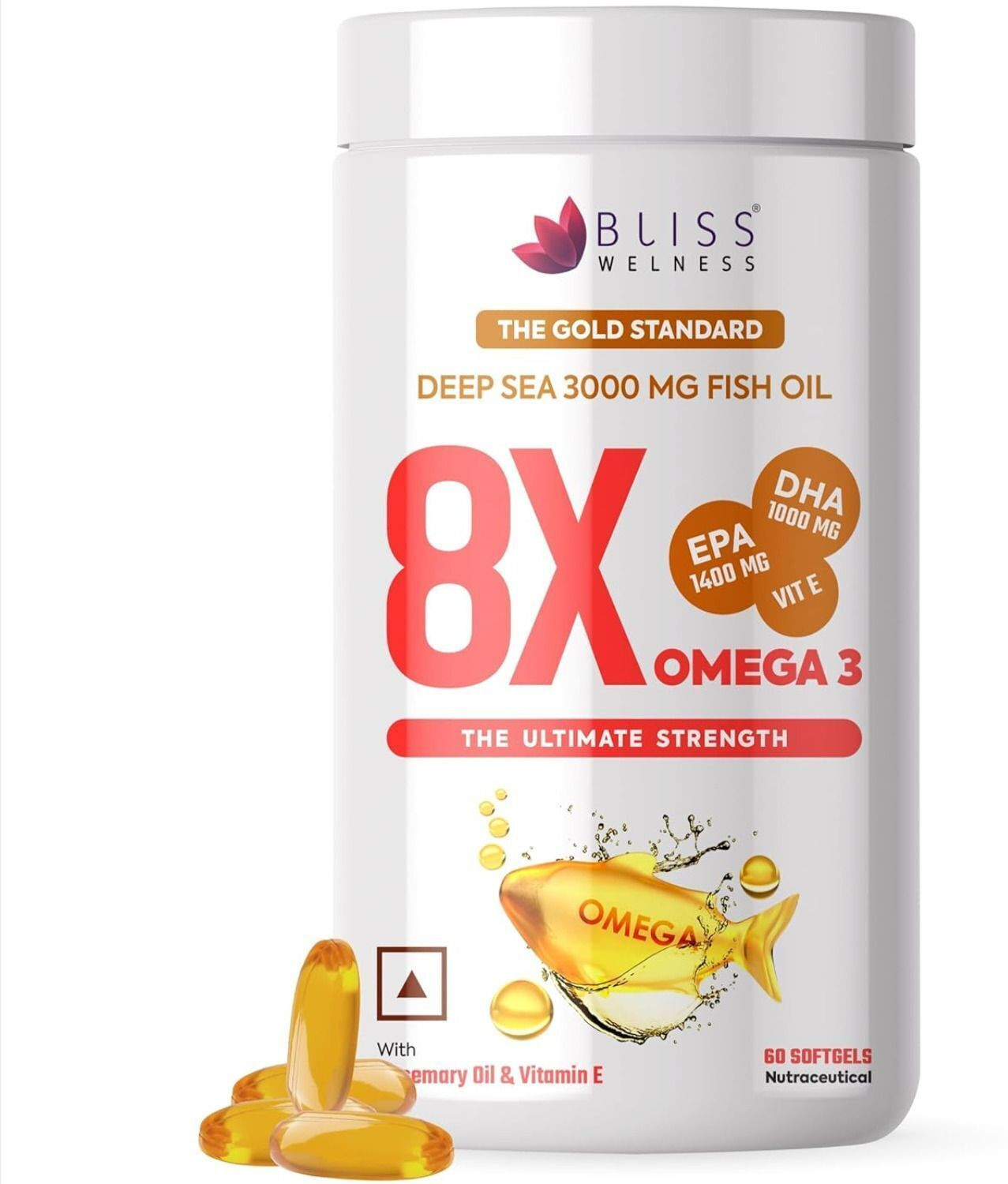 Image of Bliss Welness Omega 3 Fish Oil Capsules with 1400mg EPA & 1000mg DHA for Heart, Brain & Joints