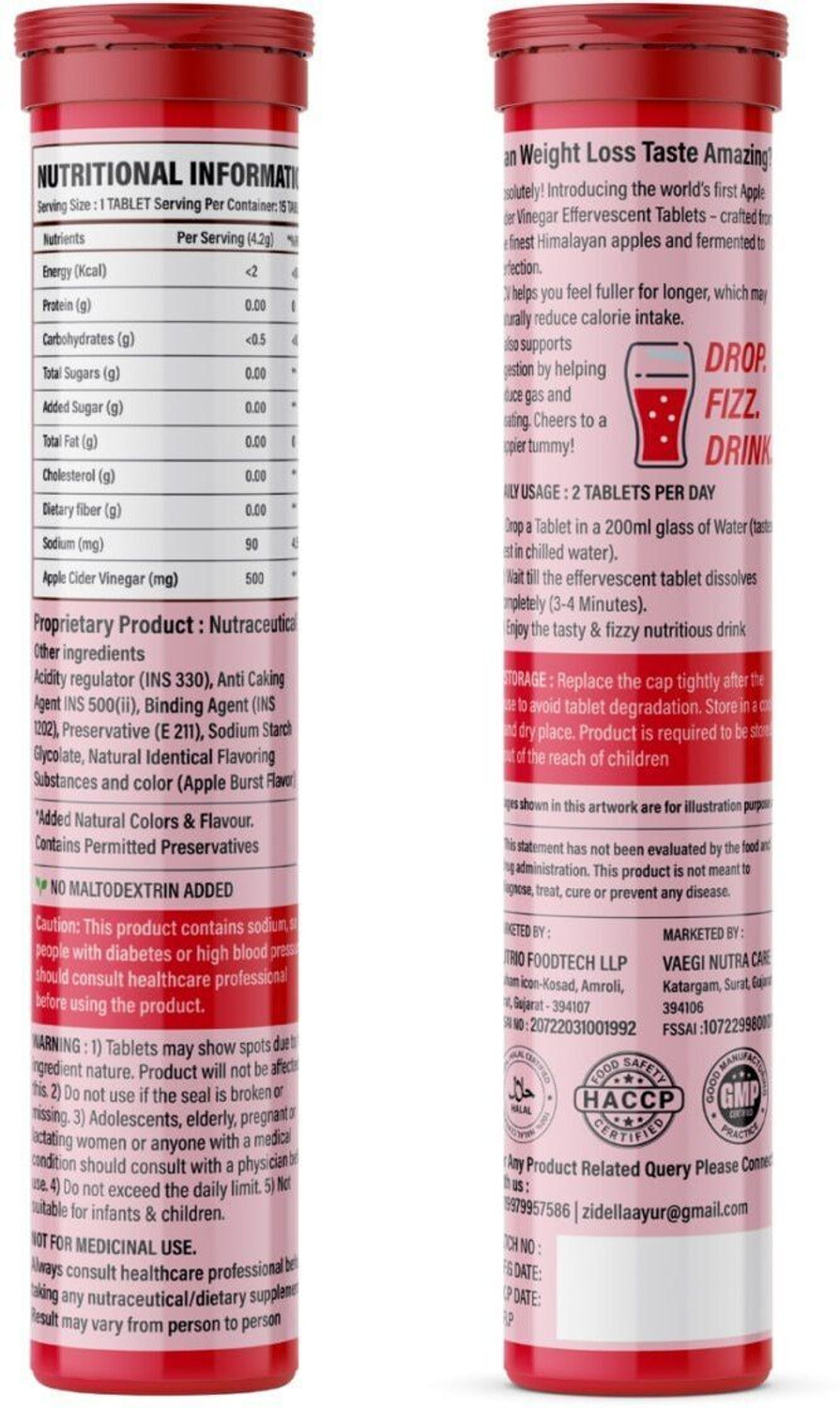 Image of Zidella Herbals Apple Cider Vinegar with Mother - 60 Effervescent Tablets for Weight Loss