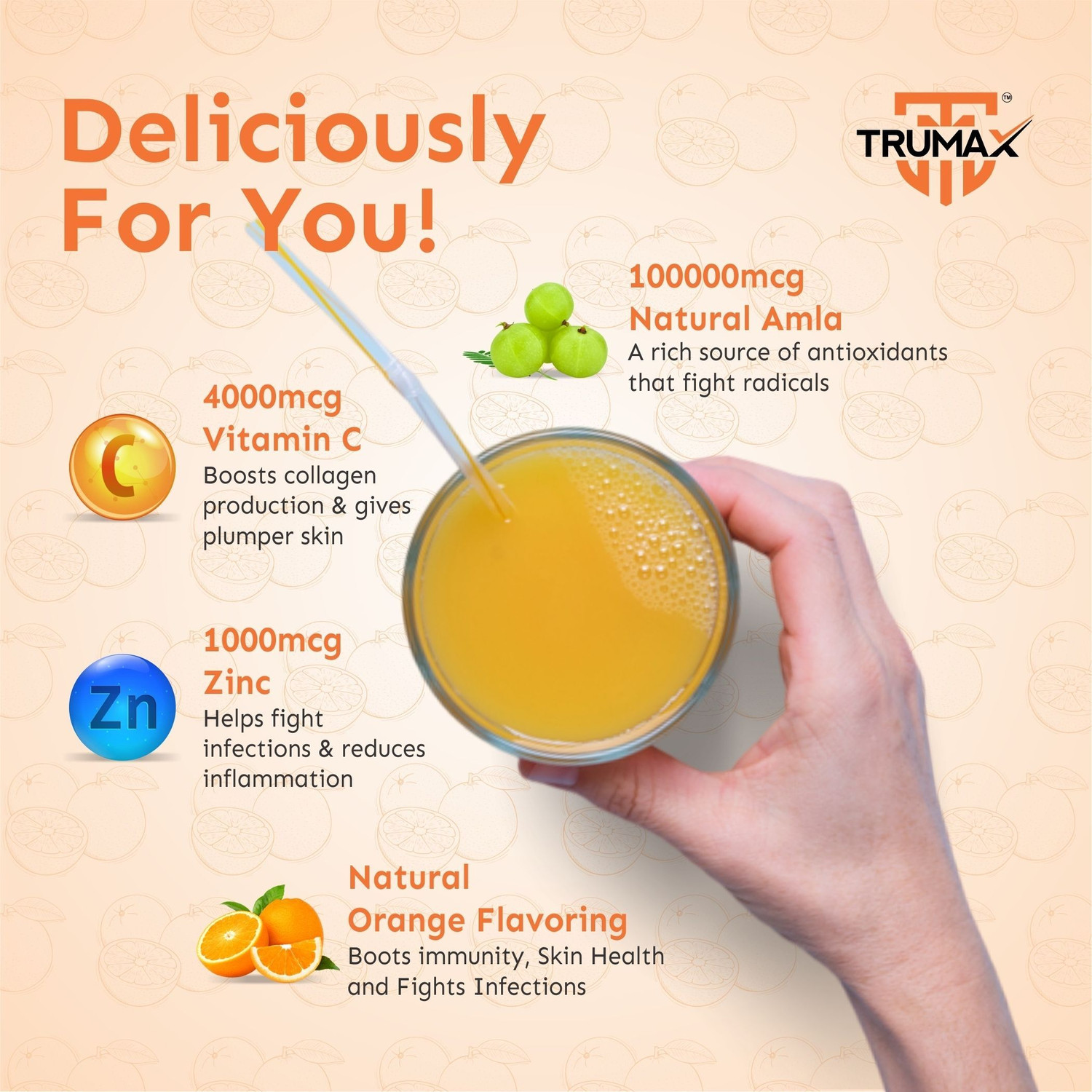 Image of TRUMAX Immunity booster Vitamin C Effervescent - 1000mg Amla, Zinc - Skin Protection