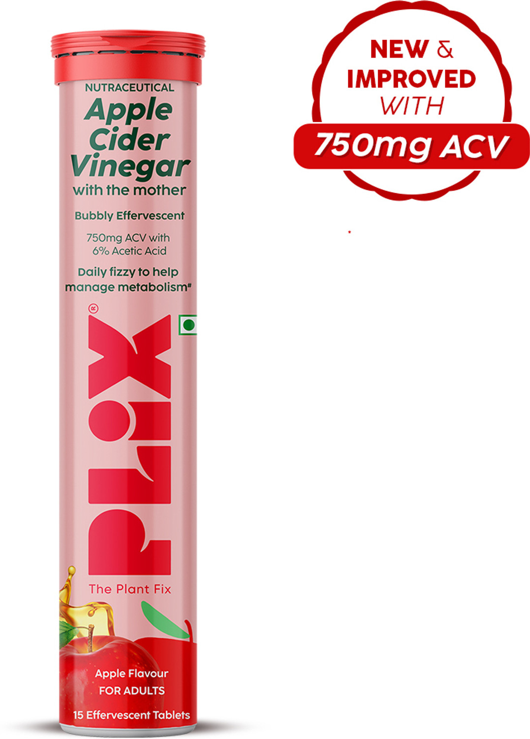 Image of The Plant Fix Plix Apple Cider Vinegar Effervescent Tablet | With Mother | 750mg ACV (15 Tablets)