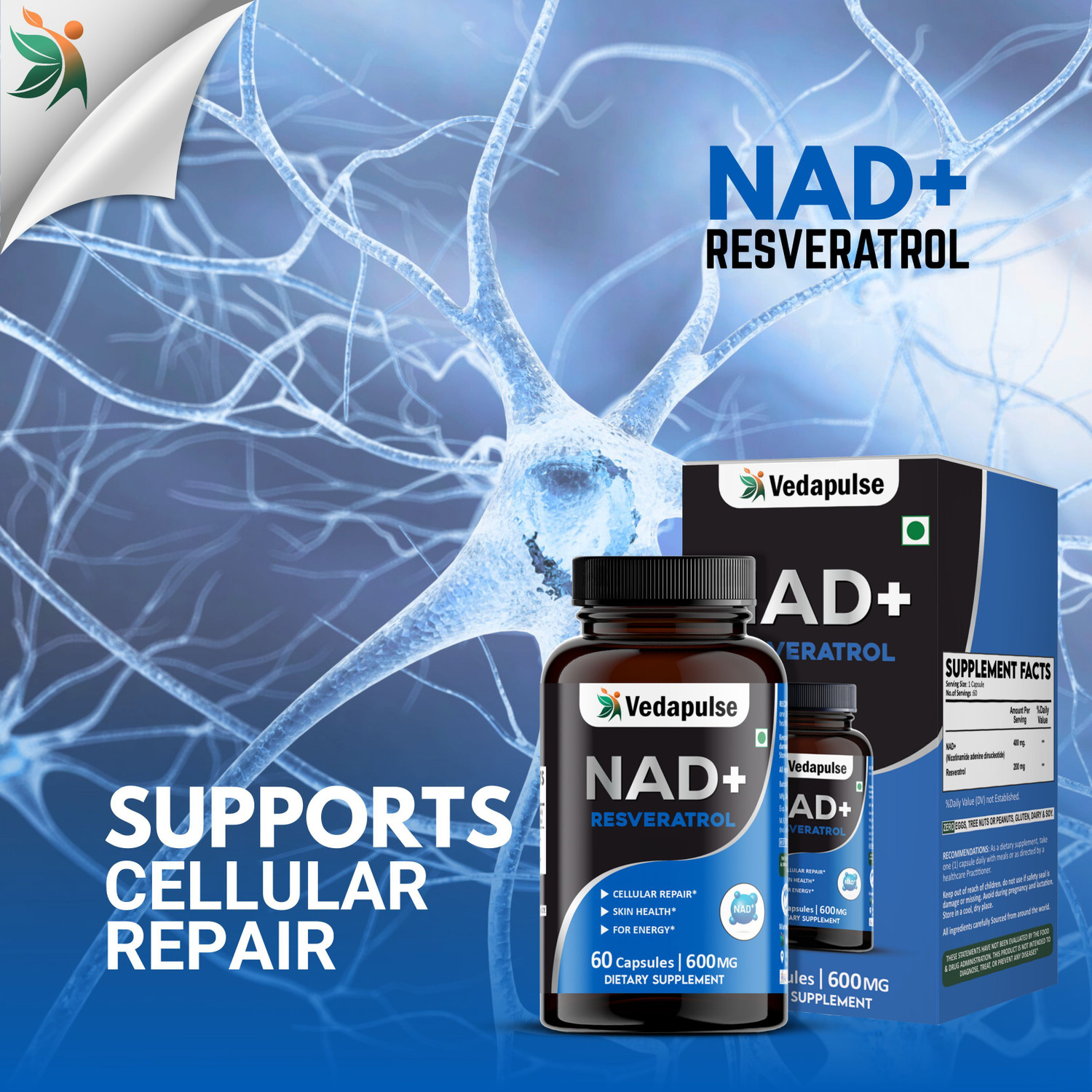 Image of Vedapulse NAD+ Resveratrol Capsules - Boost Energy & Anti-Aging with NAD+ & Resveratrol
