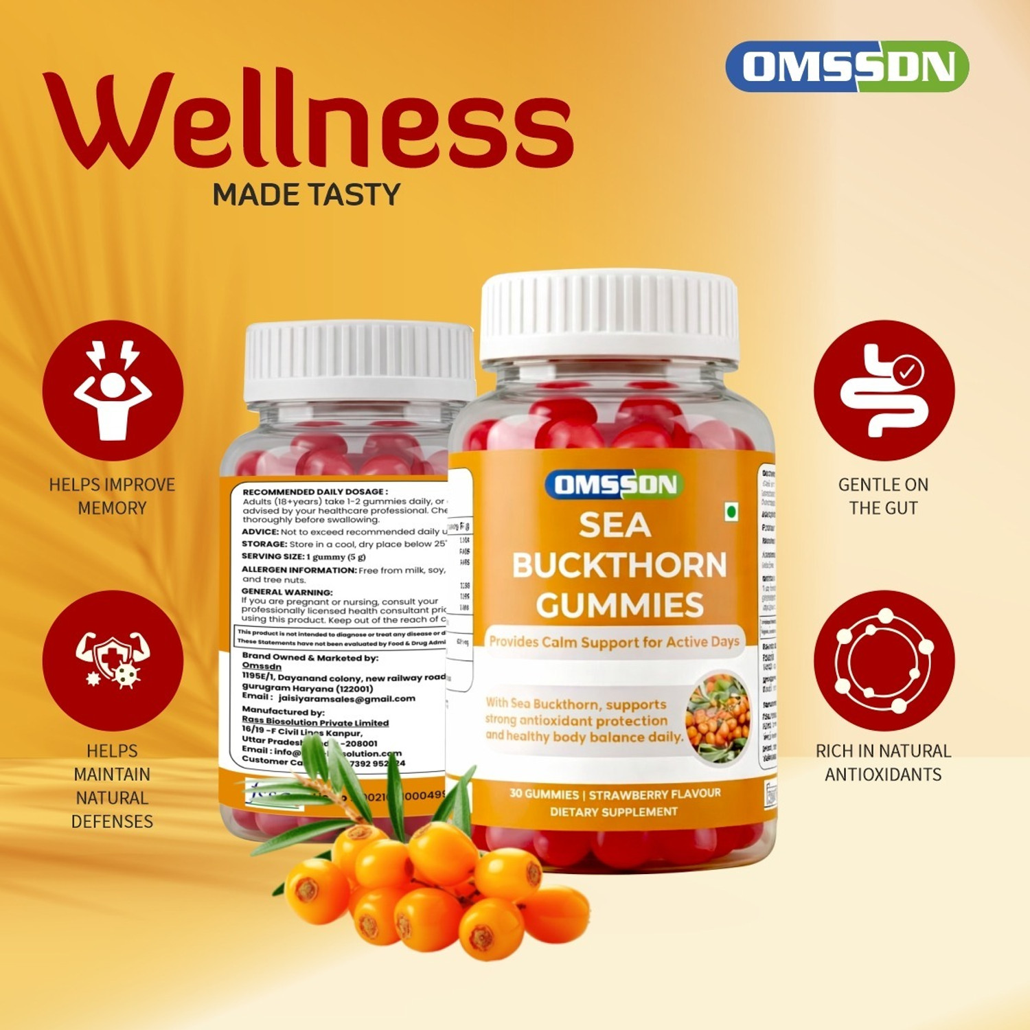 Image of OMSSDN Sea Buckthorn Gummies | Rich in Vitamin C & E | Antioxidant Support Supplement