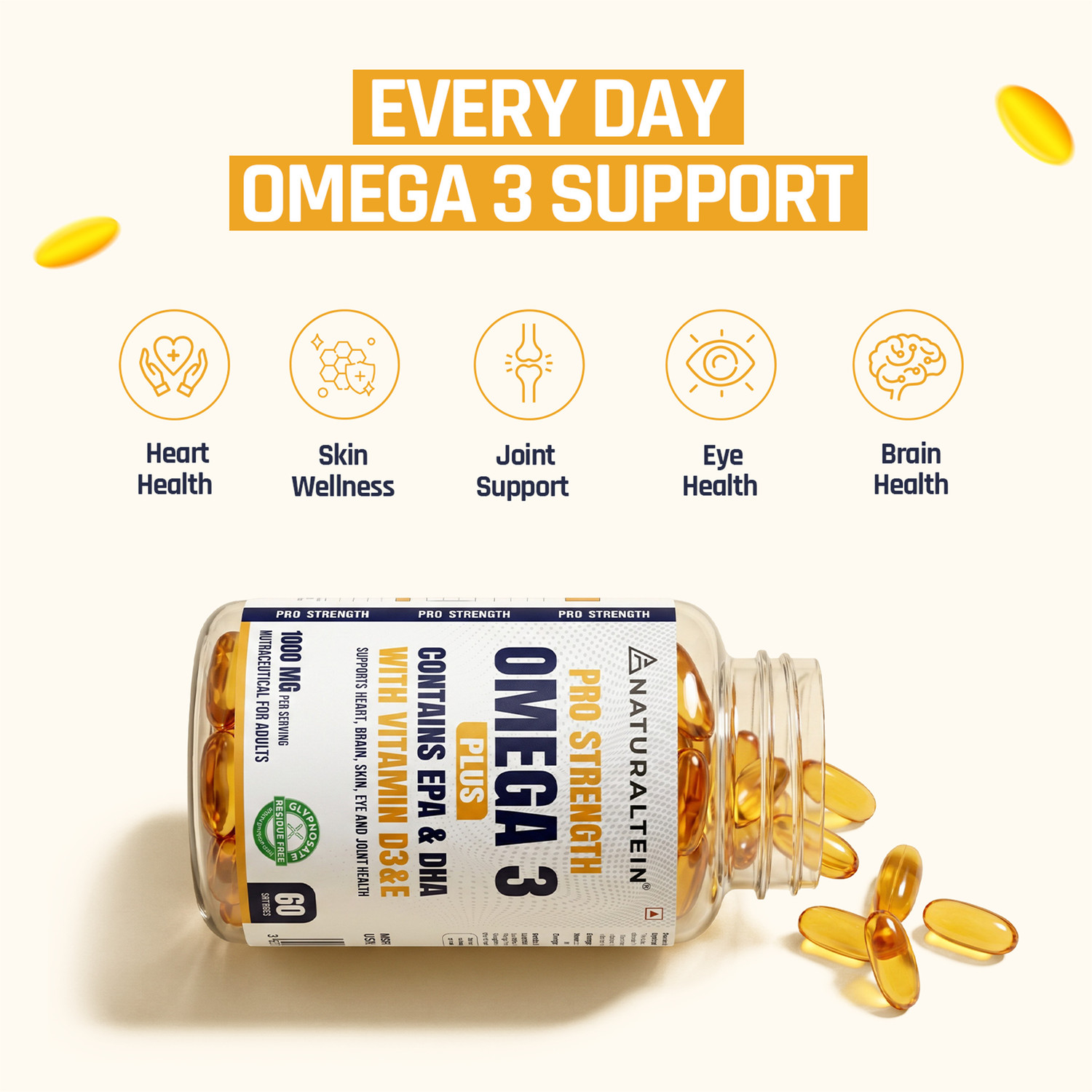 Image of NATURALTEIN Omega 3 Pro Plus Fish Oil| 1000mg with EPA 180mg DHA 120mg Vitamin D3 & E (60 Capsules)