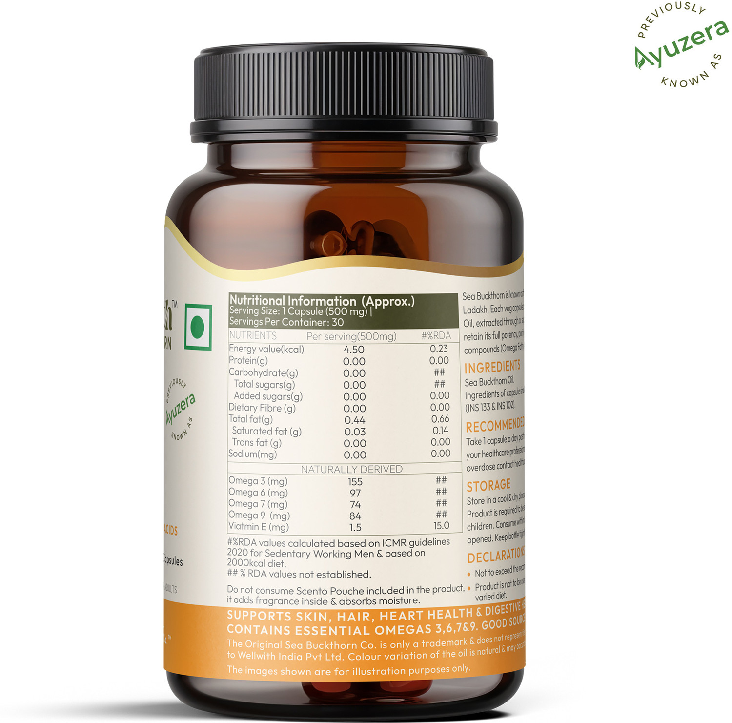 Image of Wellwith Sea Buckthorn Oil Capsules, Omega 3, 6, 7 & 9 for Heart, Skin & Immunity
