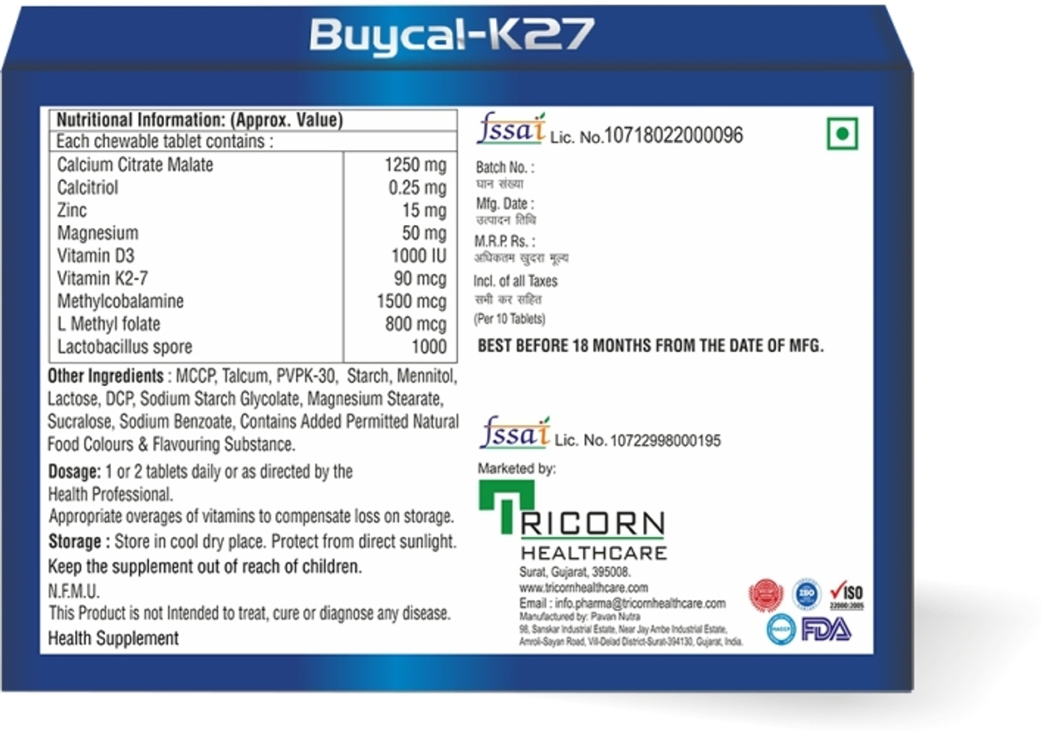 Image of MECORN BUYCAL K27 Calcium Supplement with D3 & B12, Chewable Mint Flevour, 200 Tablets