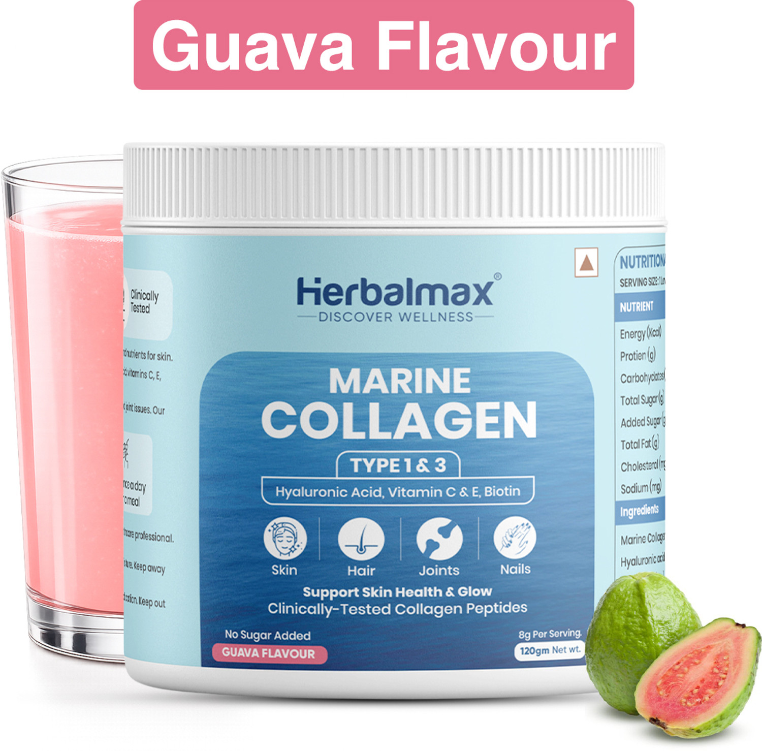 Image of Herbal max Marine Collagen Powder Type I & III Peptides for Skin, Hair, Nails & Joints