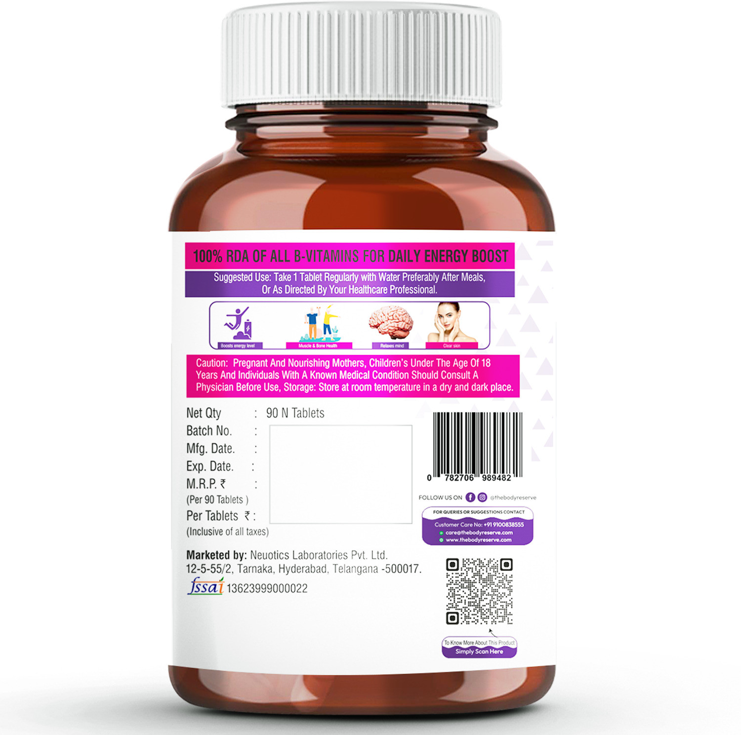 Image of THE BODY RESERVE Vitamin B Complex B1, B2, B3, B5, B6, B7,B9,B12 100 % RDA support Nervous System