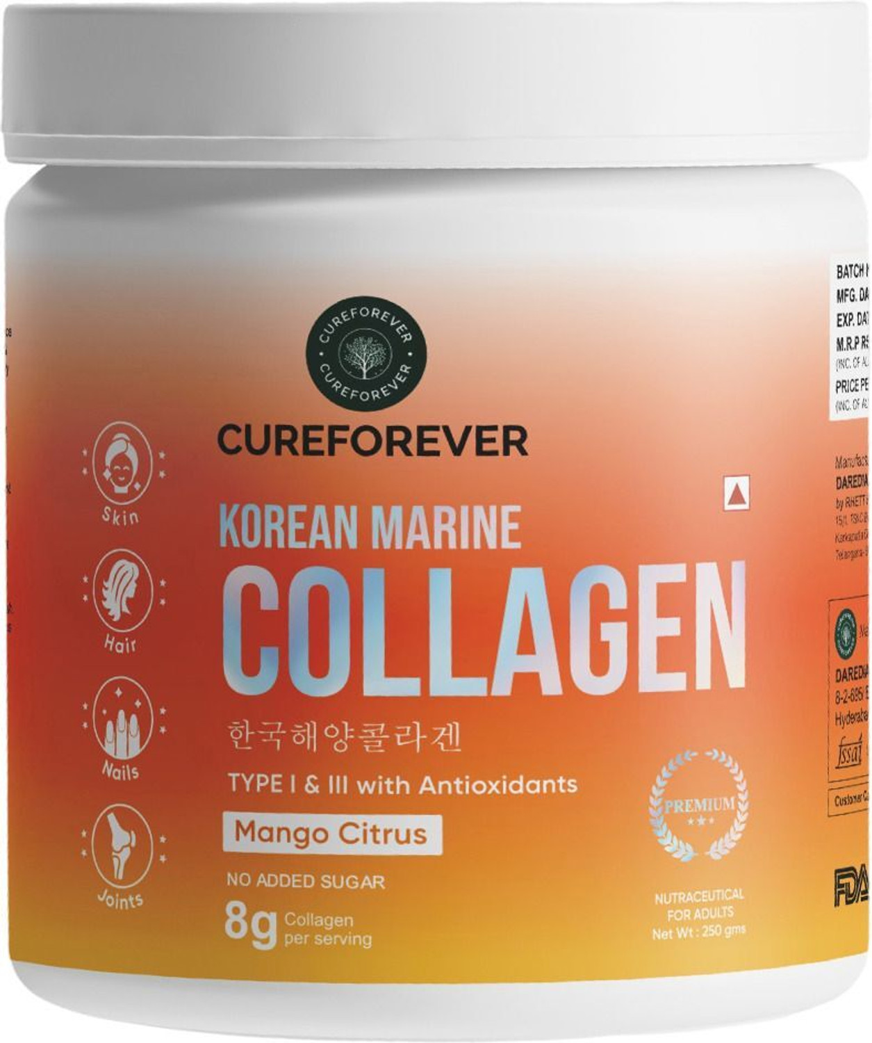 Image of CureForever Korean Marine Collagen Supplement Hydrolyzed Collagen Powder Mango Citrus Flavor