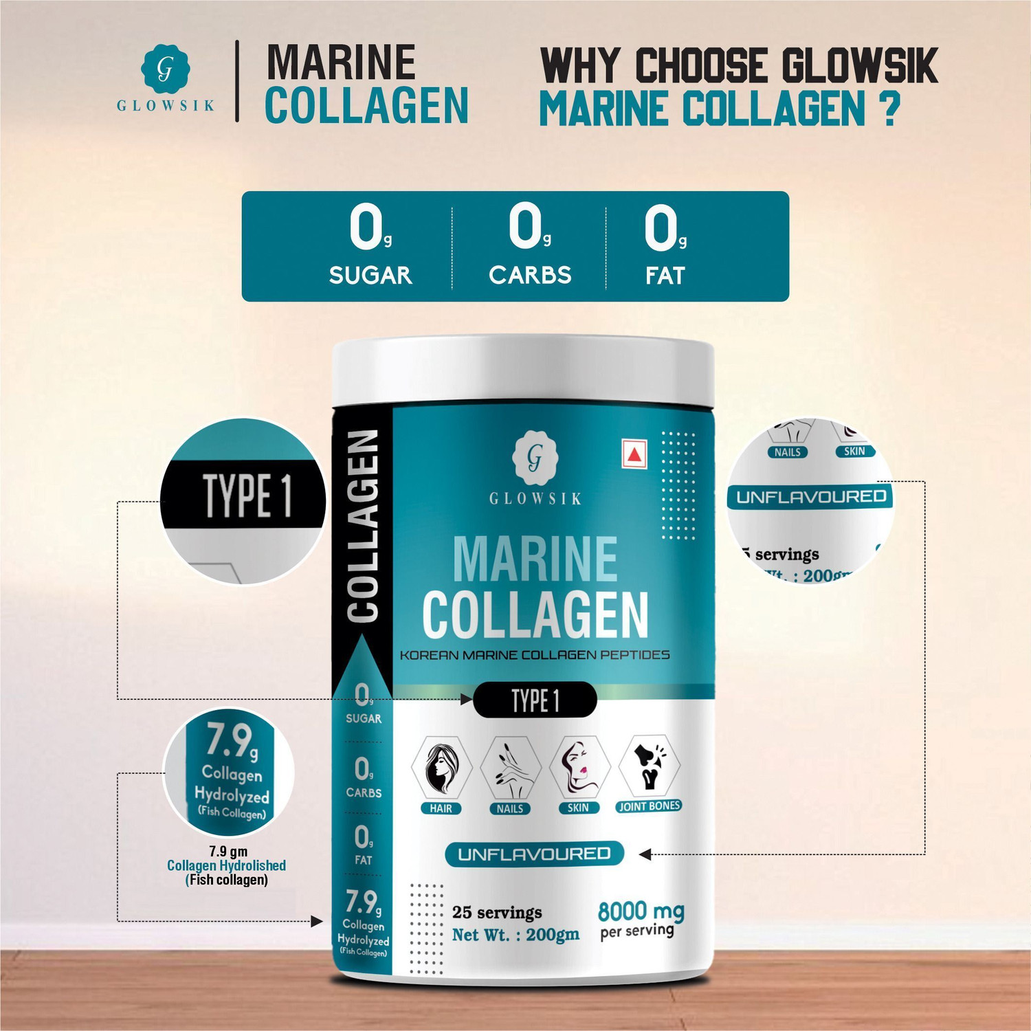 Image of G GLOWSIK Korean Marine Collagen Powder Hydrolyzed Collagen for Glow & Healthy Skin , Hair