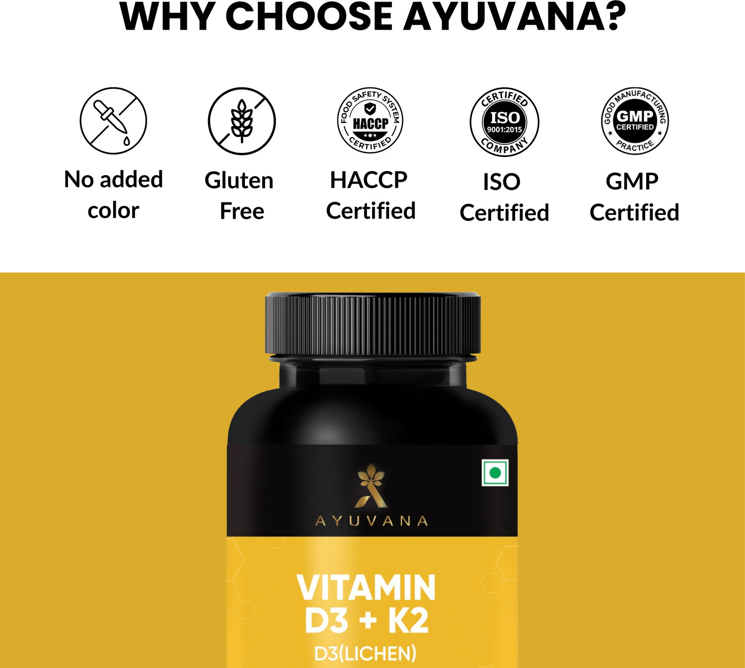 Image of Ayuvana Vitamin D3 K2 Tablets 600 IU D3 55mcg K2 Bone for Immunity Support (60 Tablets)