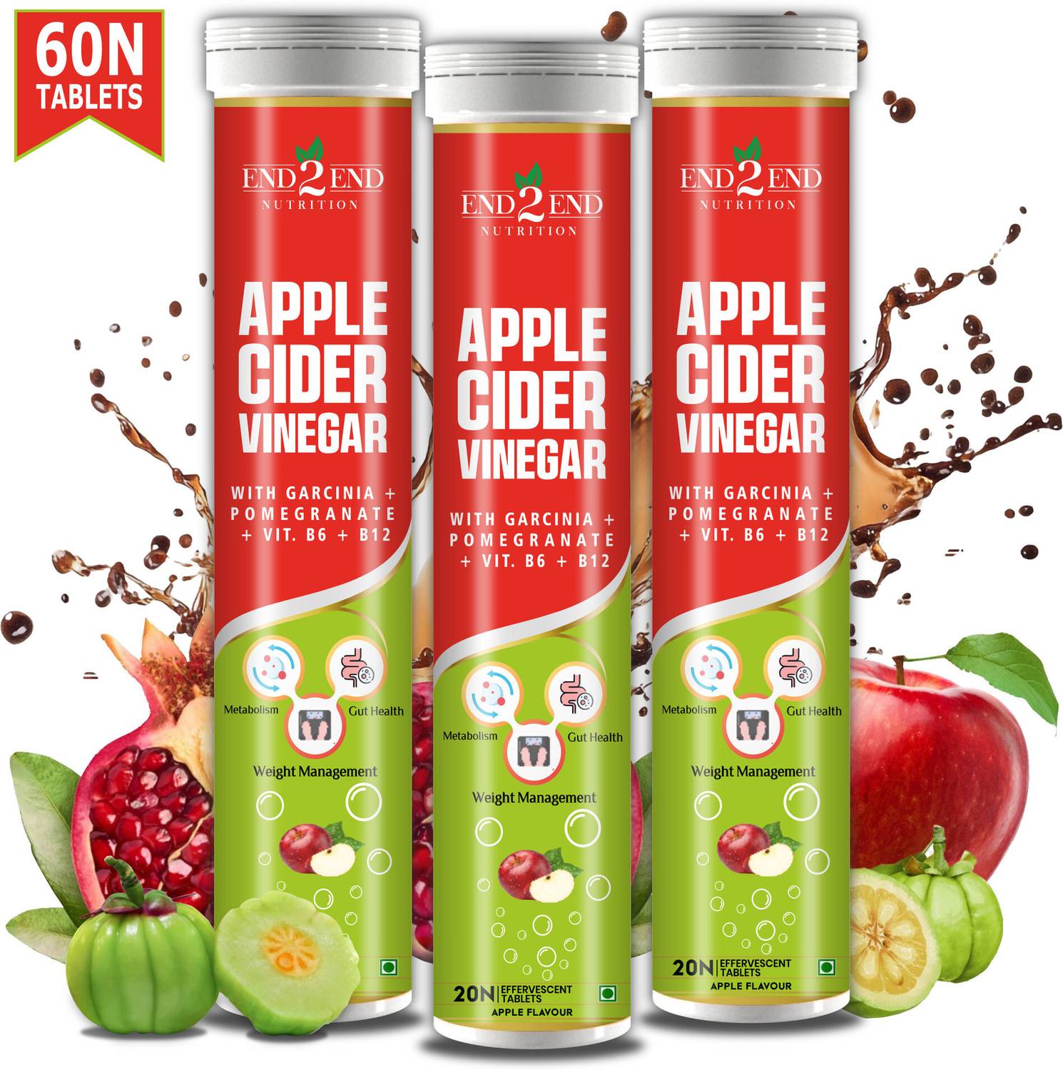 End2End Nutrition Apple Cider Vinegar Effervescent Tablet for Weight Loss with Vitamin B6 & B12