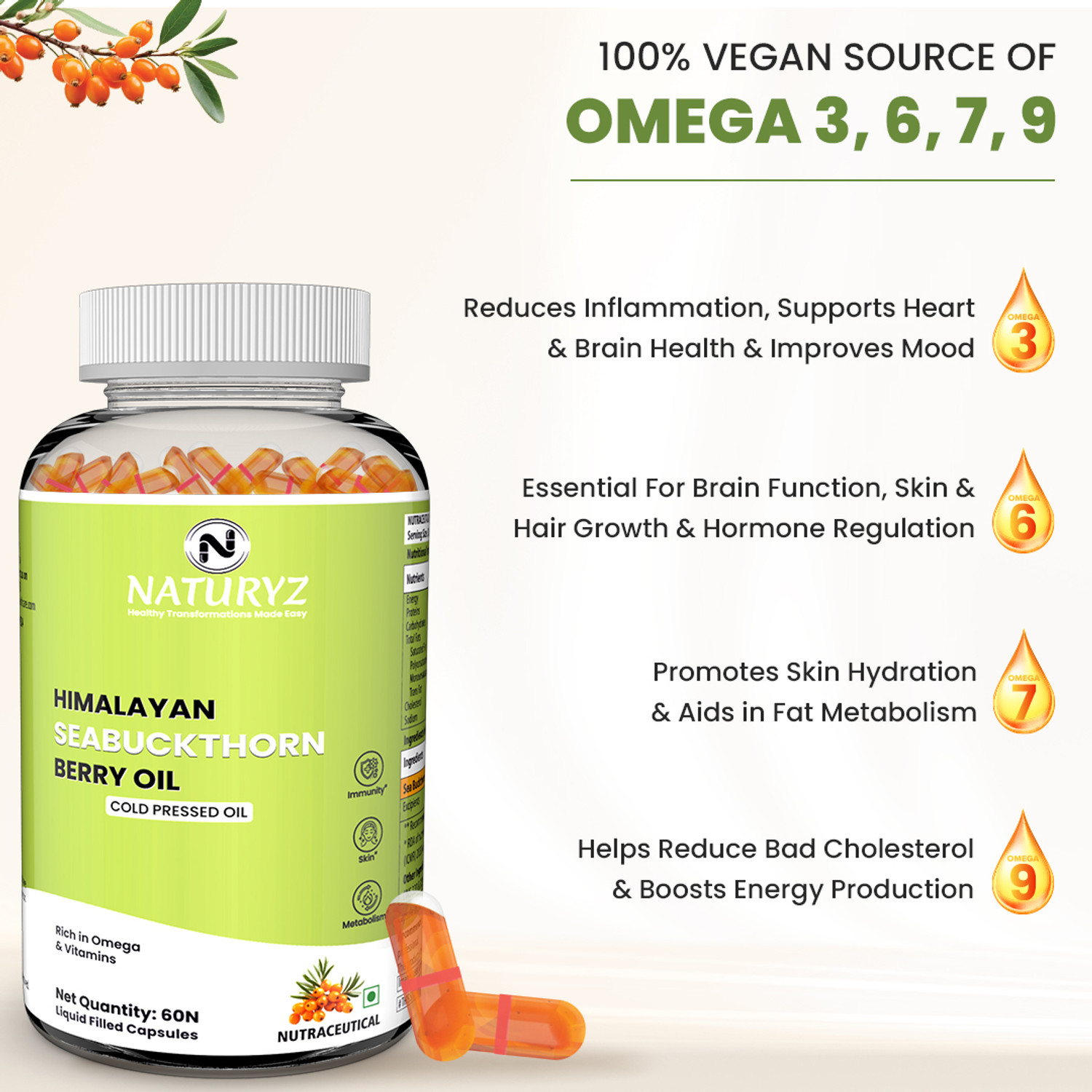 Image of NATURYZ Himalayan Sea buckthorn berry oil Omega 3-6-7-9 | Vitamin C & E | Veg Capsules