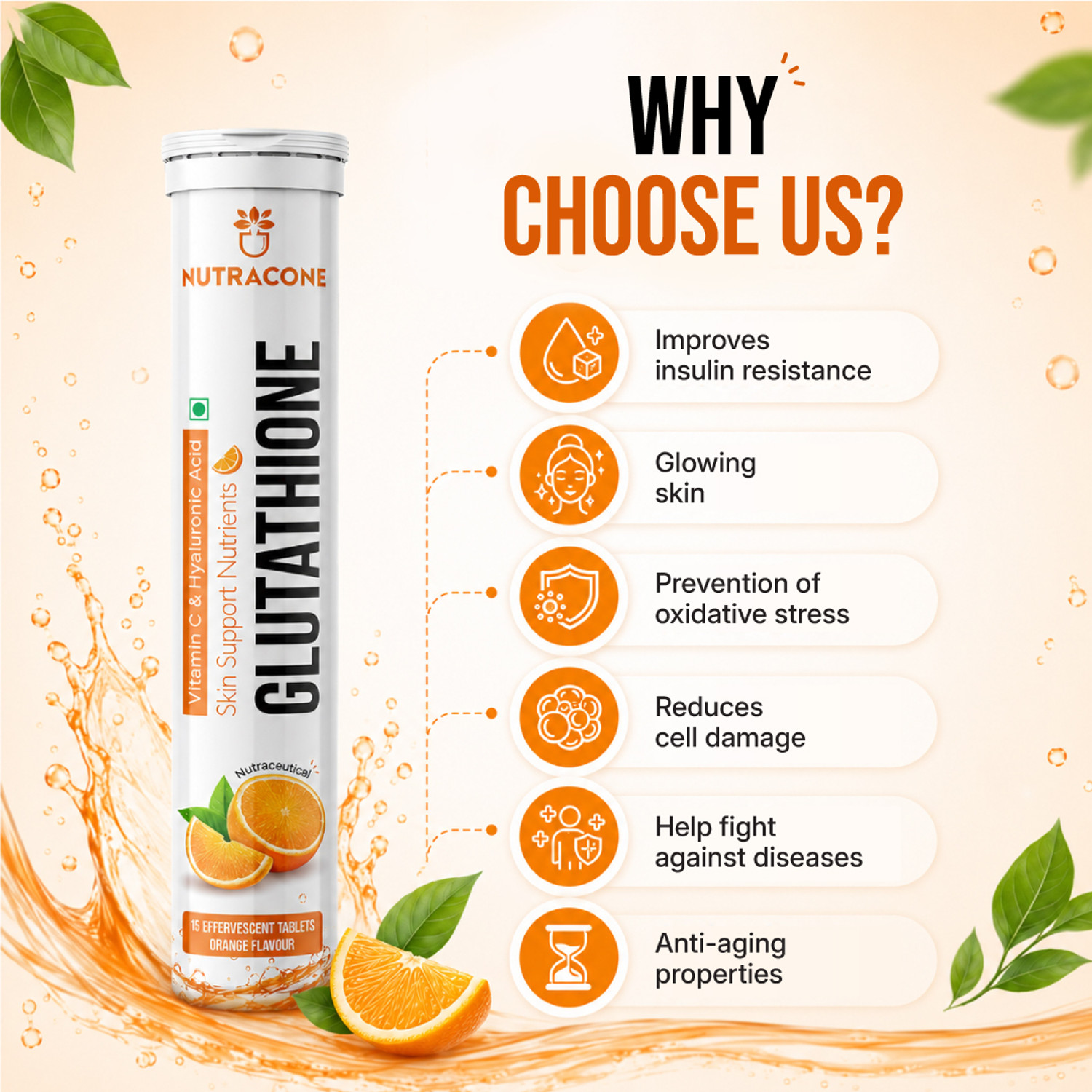 Image of NUTRACONE Glutathione,Hyaluronic Acid Effervescent Tablets-Skin Glow,Brightening,Hydration