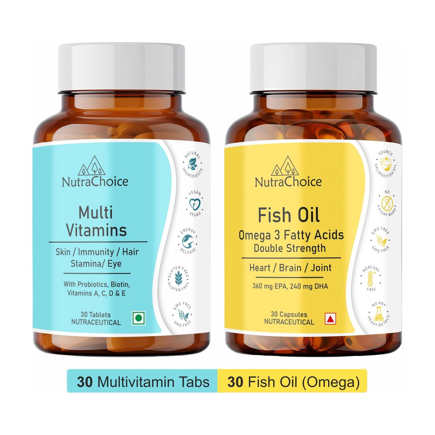 NutraChoice Multivitamin & Omega 3 Fish Oil Double Strength Combo (30N Tabs + 30N Caps)
