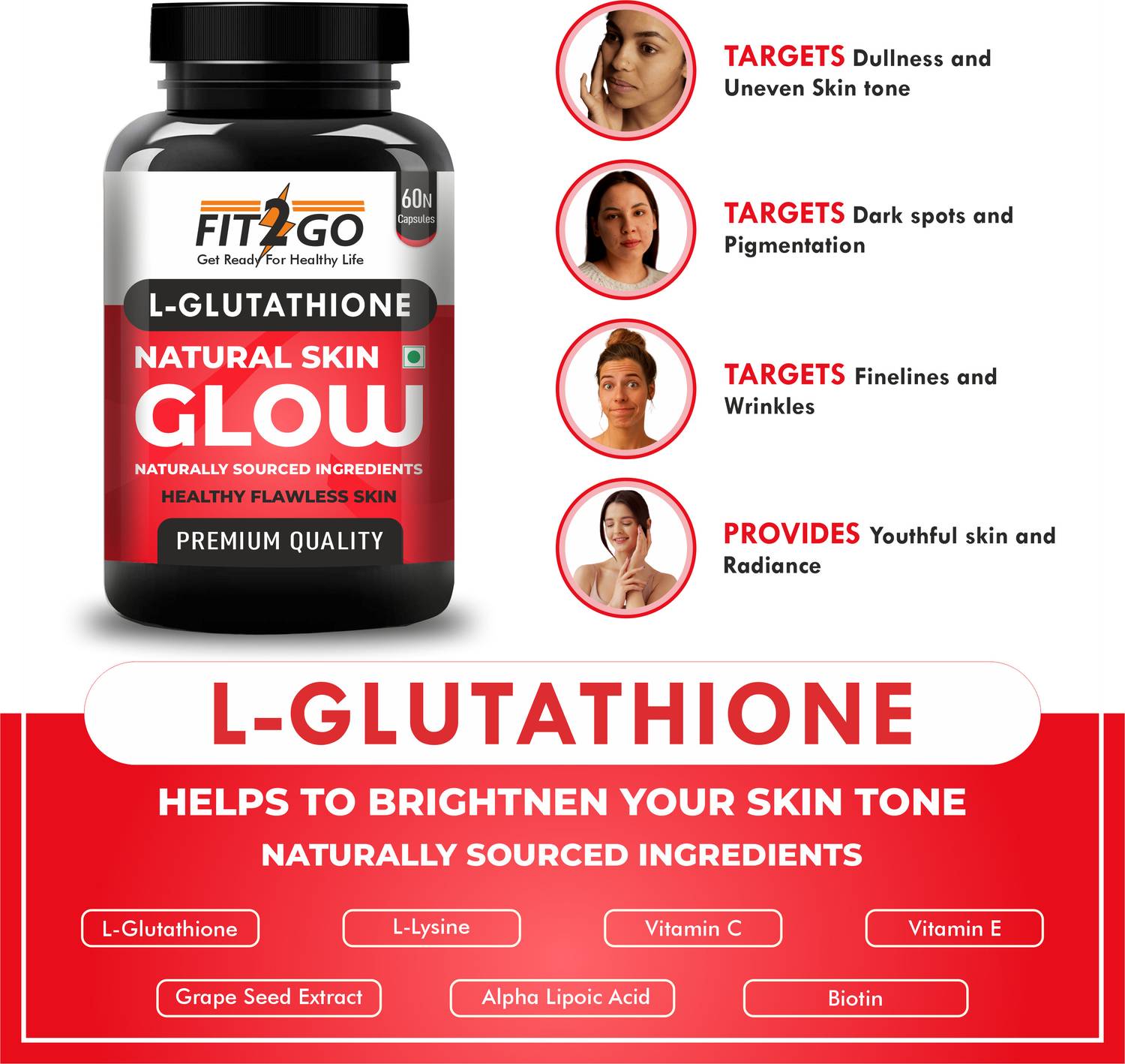 Fit2Go L glutathione Natural skin glowing capsule with vitamin C, E &  Grapeseed Ext. Price in India - Buy Fit2Go L glutathione Natural skin  glowing capsule with vitamin C, E & Grapeseed