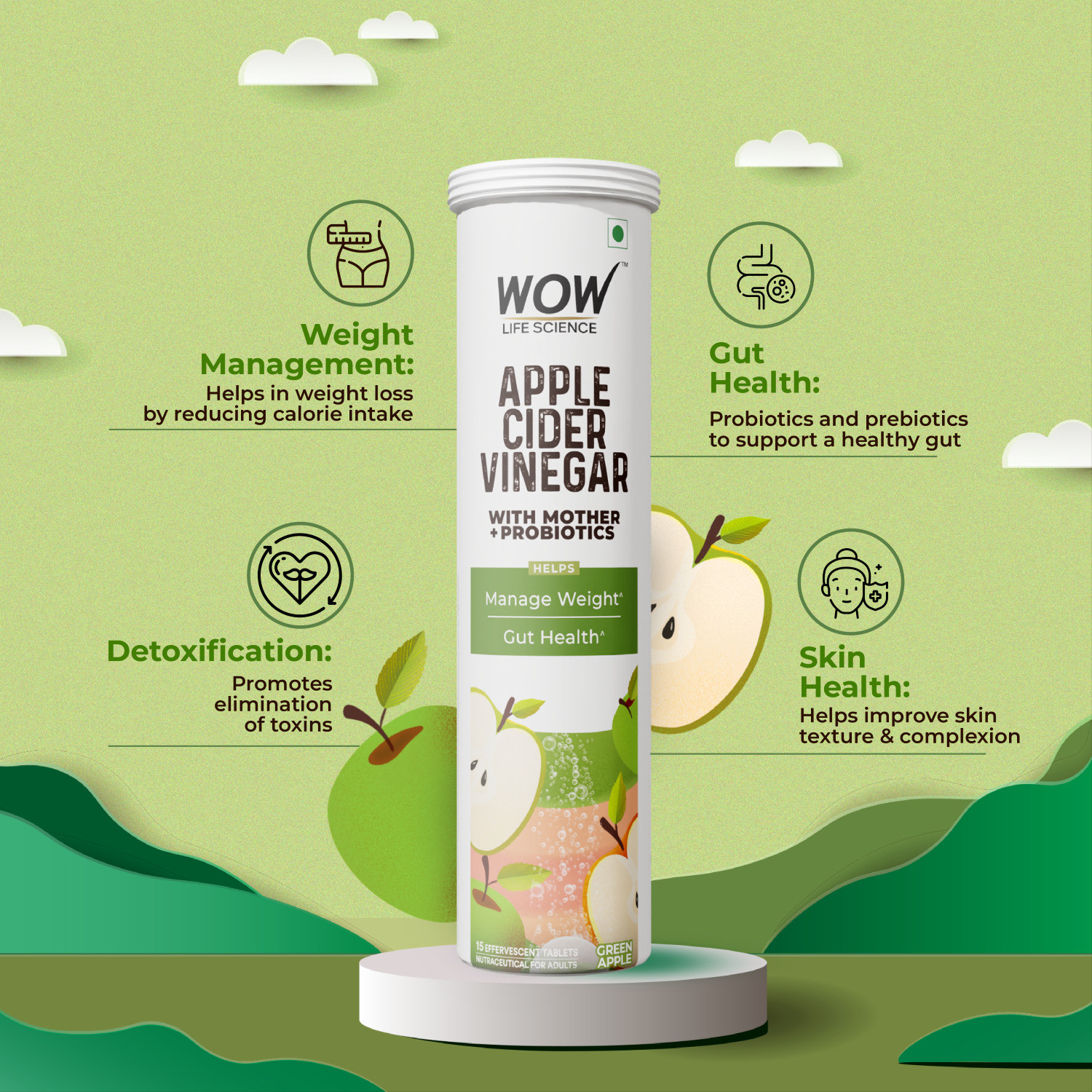 Image of WOW Life Science Apple Cider Vinegar Effervescent Tablet + Probiotics For Weight Management