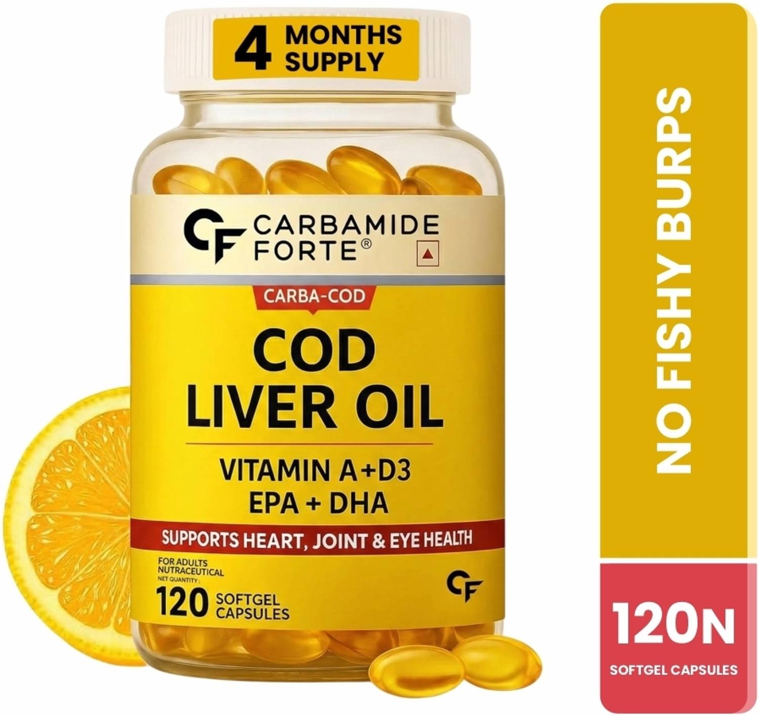 CARBAMIDE FORTE Omega 3 Cod Liver Oil Capsules With Vitamin A + D3 + EPA + DHA For Heart Health