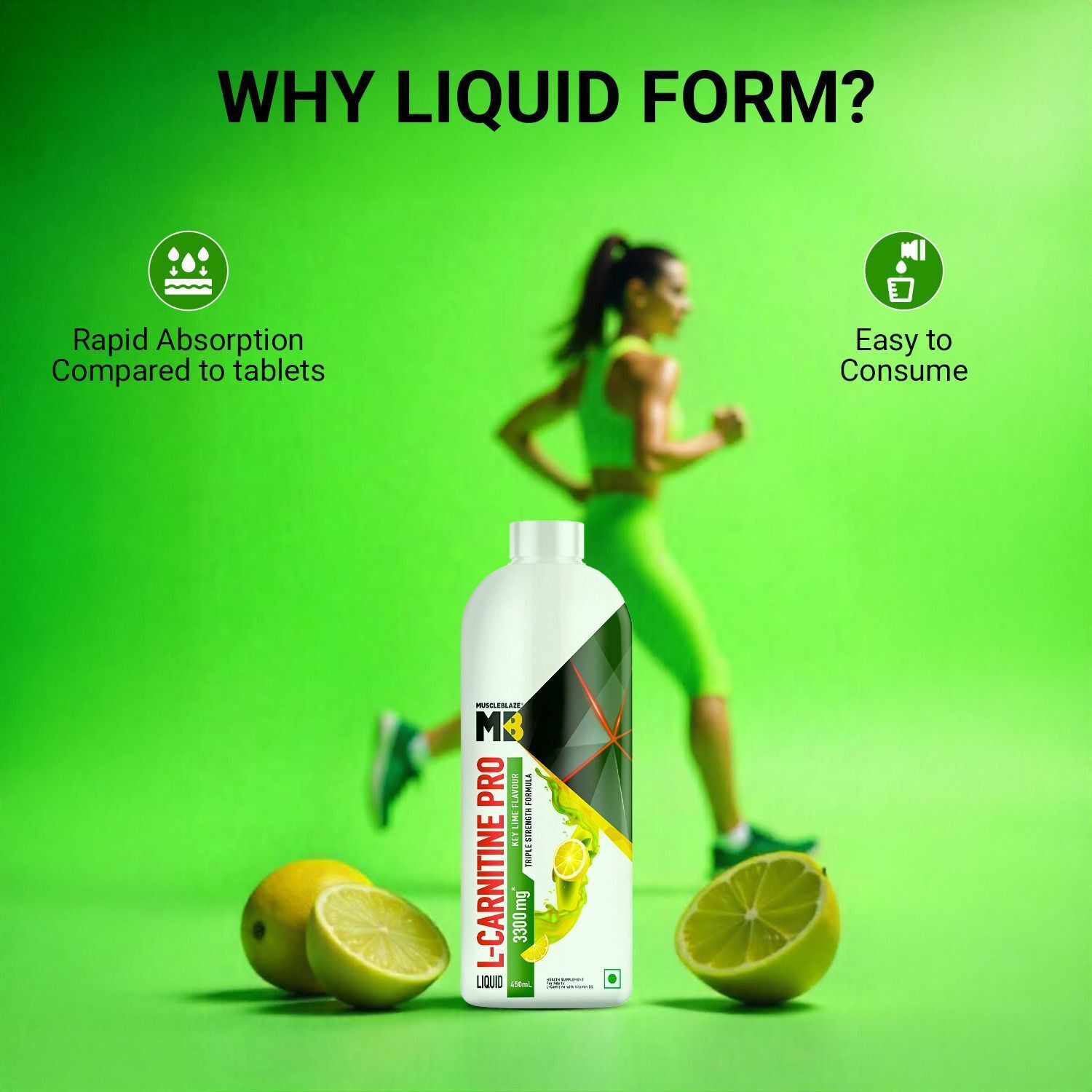 Image of MUSCLEBLAZE Liquid L-Carnitine PRO, 3300mg L- Carnitine, Triple Strength Formula, Key Lime