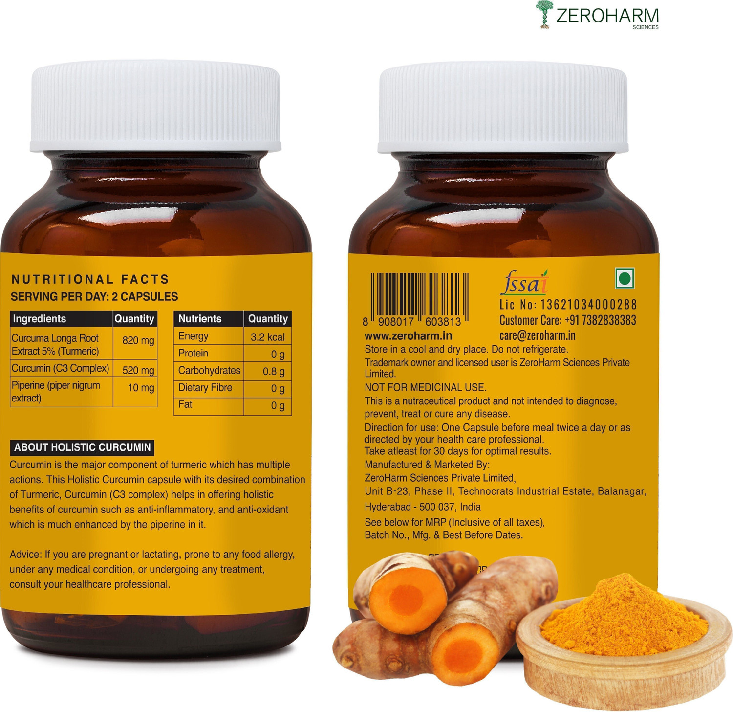 Image of ZEROHARM Holistic Curcumin 95% Curcuminoids, Turmeric & Pepper - Immunity, Joint Support