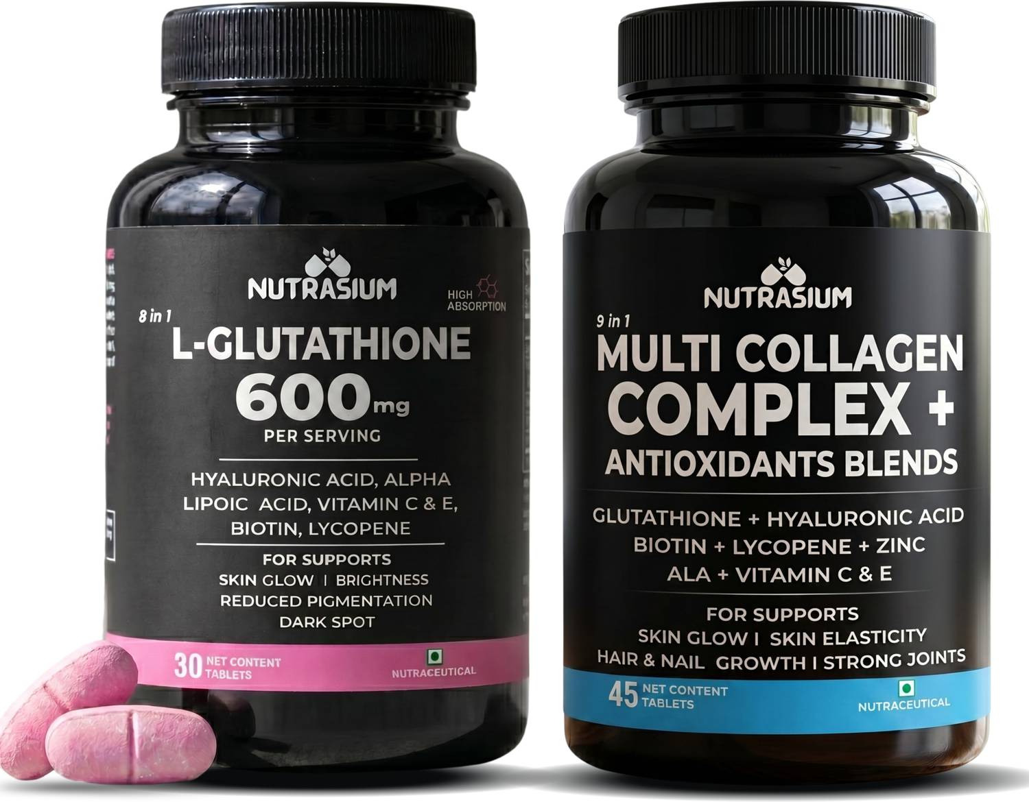 nutrasium l-glutathione 600 mg NUTRASIUM L-Glutathione with Multi collagen Combo For Soft, Shiny, Glowing  Firm Skin