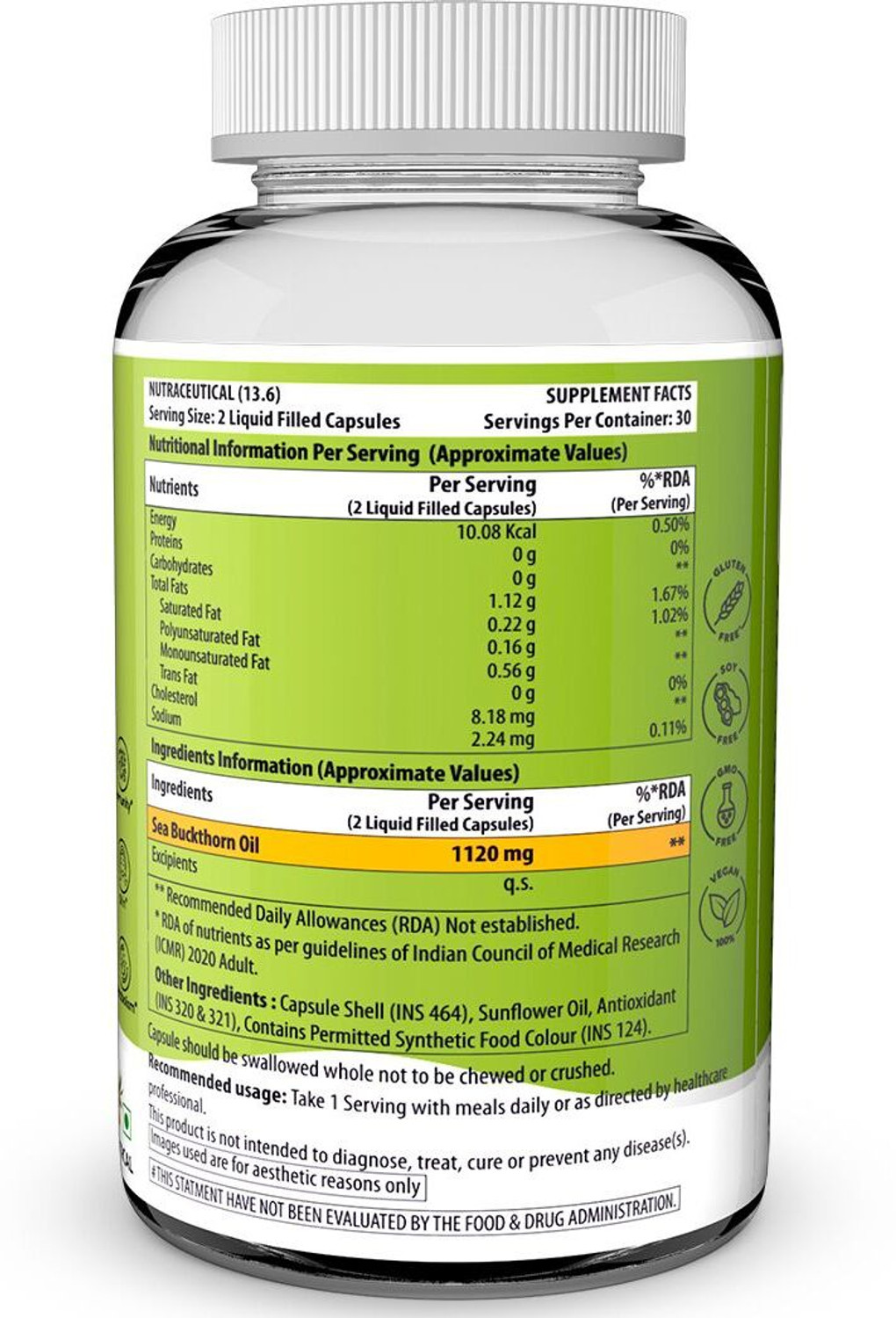 Image of NATURYZ Himalayan Sea buckthorn berry oil Omega 3-6-7-9 | Vitamin C & E | Veg Capsules