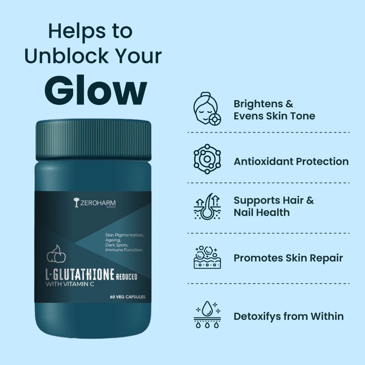 Image of ZEROHARM L-Glutathione Reduced with Vitamin C -Skin Brightness, Pigmentation, Antioxidant